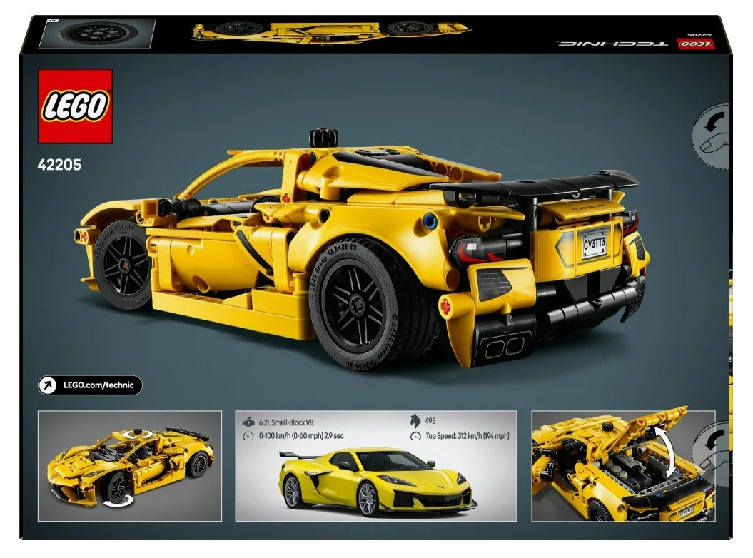 Zestaw Lego Technic żółtego samochodu sportowego, z czarnymi kołami i spojlerem, na szarym tle. Logo Lego u góry.