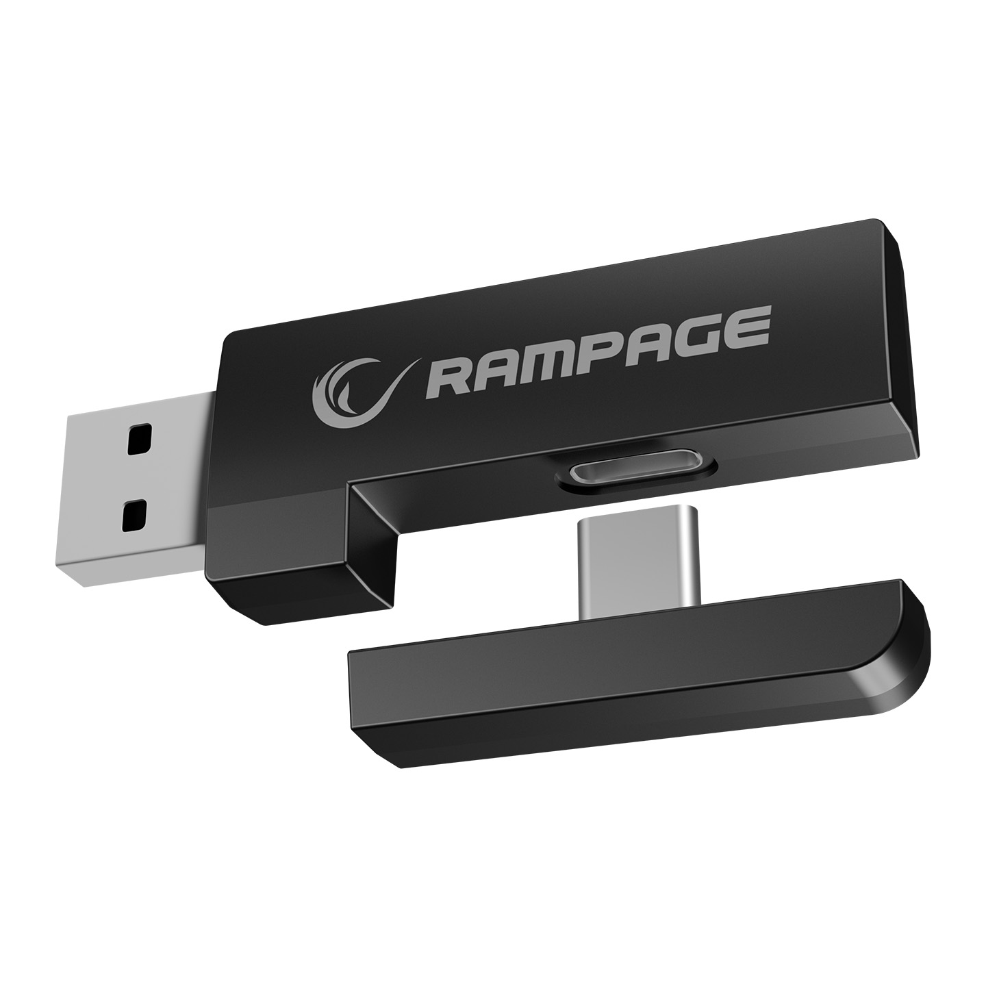 'Rampage' logolu siyah USB flash sürücü. Bir USB ve bir USB-C konektörüne sahiptir. Cihaz beyaz bir arka plan üzerinde.
