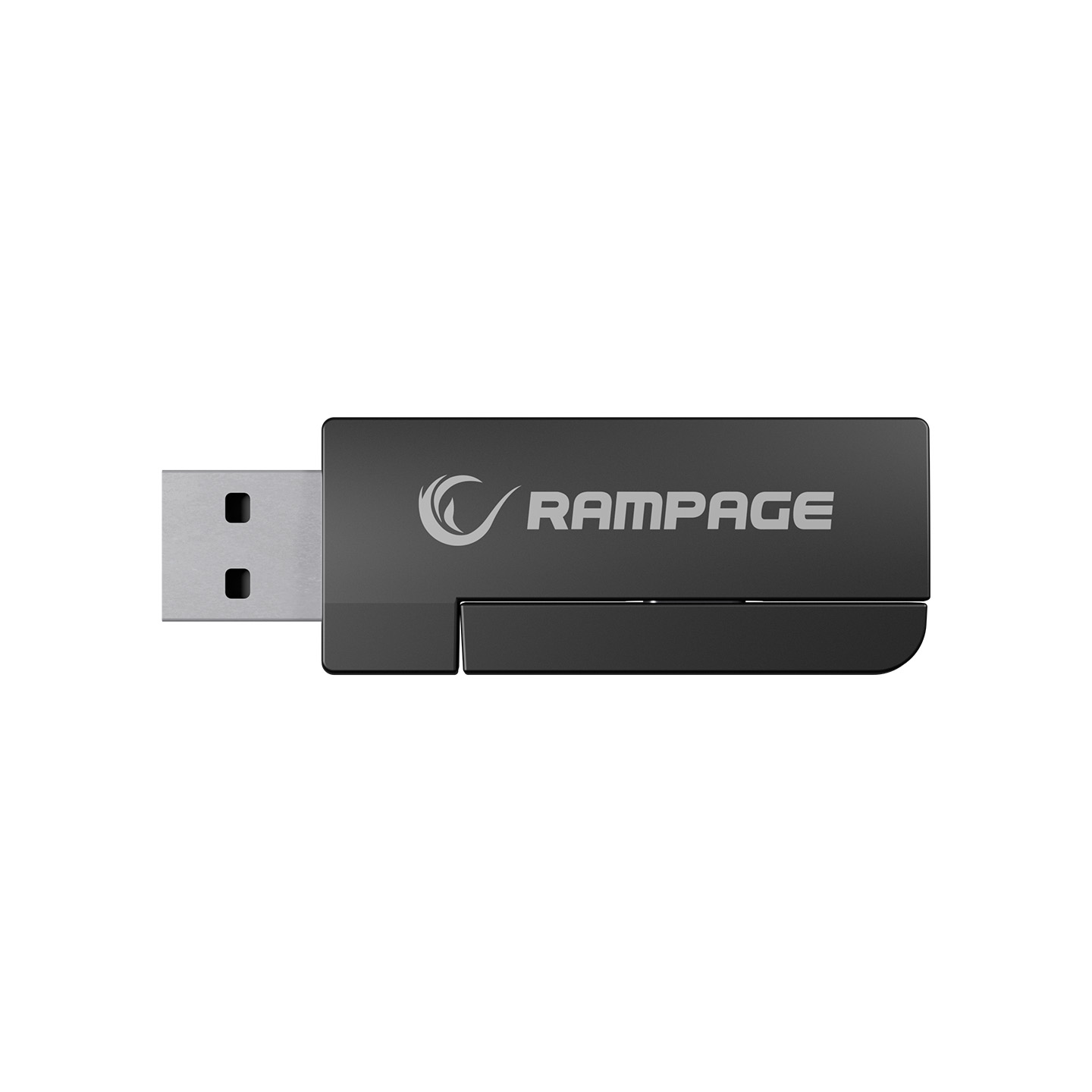 Üzerinde 'RAMPAGE' yazılı siyah bir USB flash sürücü. USB konektörü gümüş rengi ve arka plan beyazdır.