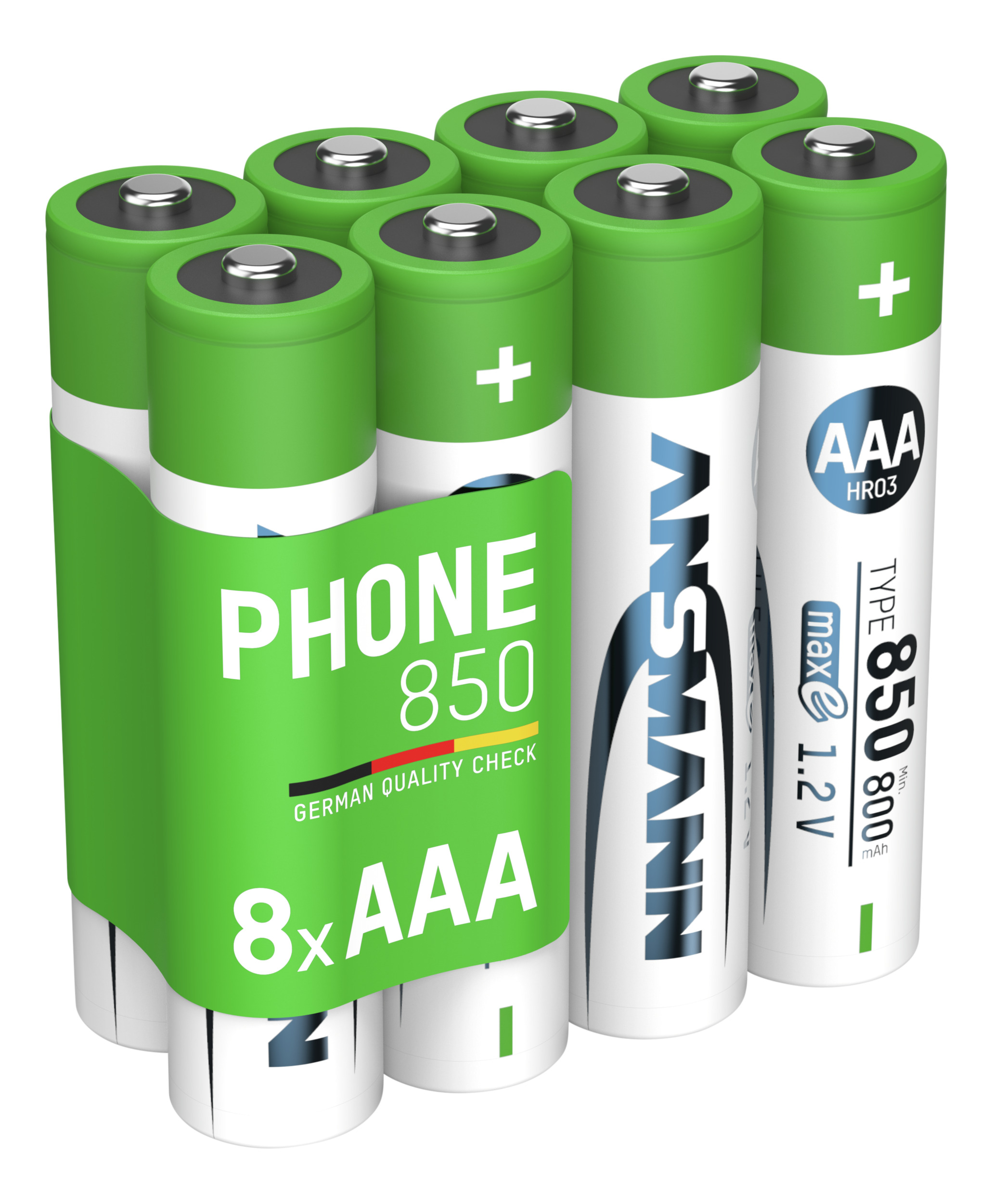 Das Bild zeigt eine Packung grüner und weißer AAA-Batterien. Auf den Batterien steht 'PHONE 850' und 'ANSMANN'.