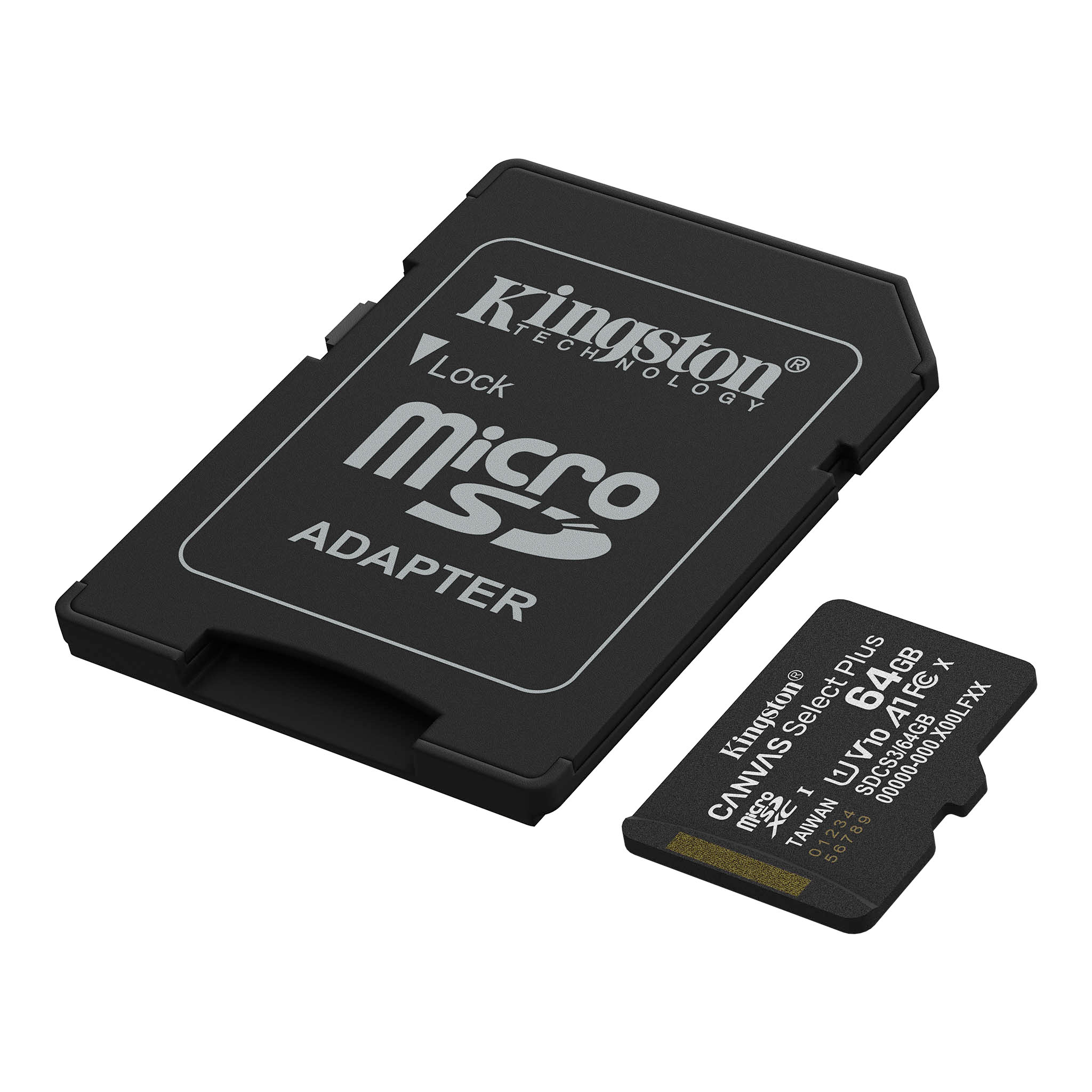 Egy fekete Kingston Micro SD adapter és egy 64 GB-os micro SD kártya fehér háttéren, mindkettő fehér felirattal.