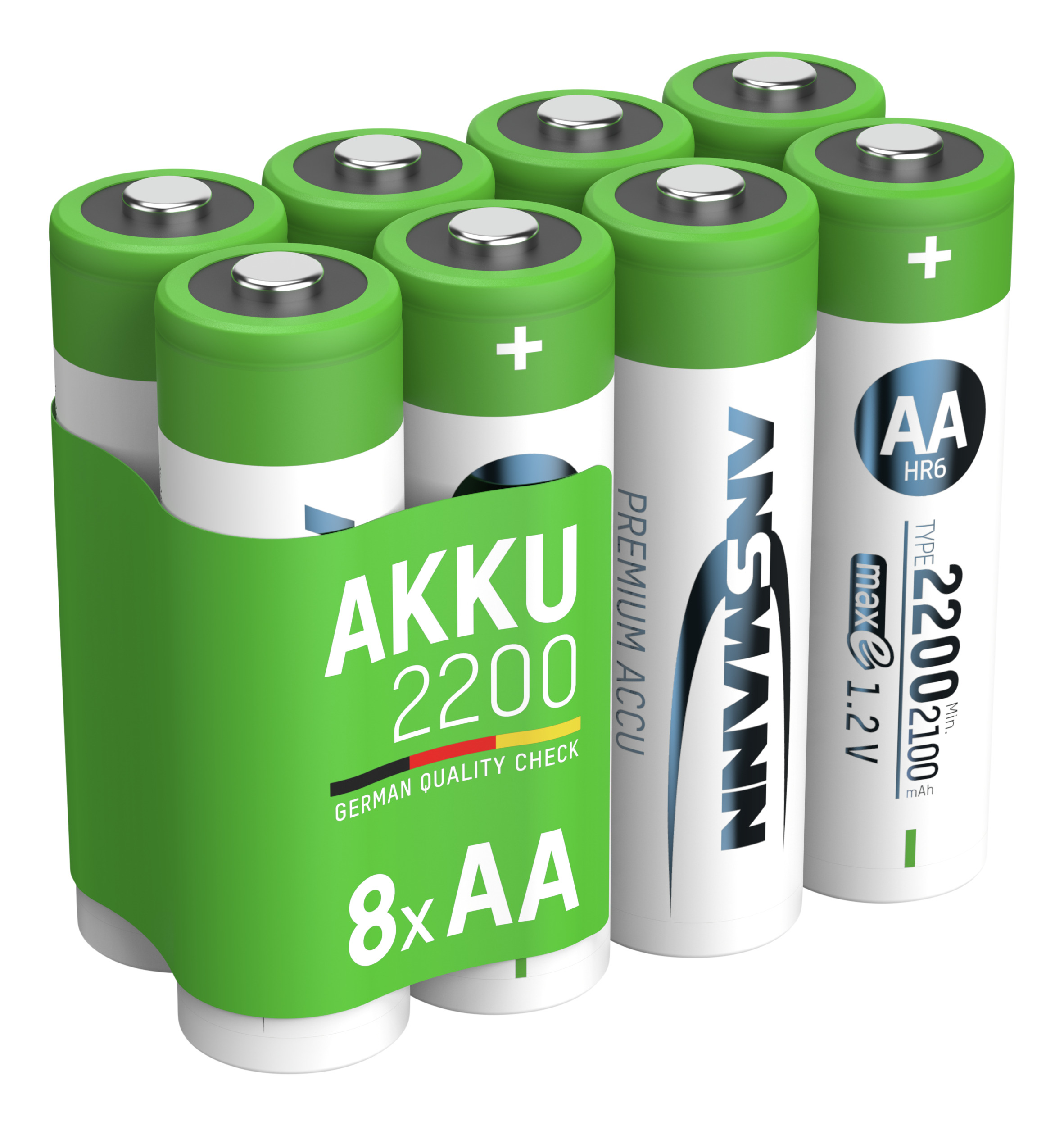 Acht grüne und weiße AA-Batterien in einem grünen Halter. Auf den Batterien steht 'AKKU 2200' und 'ANSMANN'.