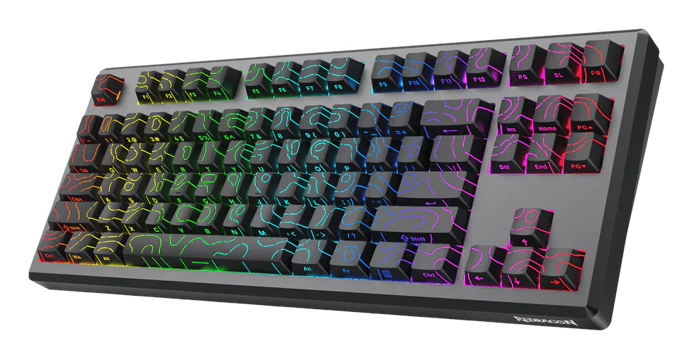 Szara klawiatura mechaniczna z klawiszami z konturami. Klawisze są czarne, a podświetlenie wielokolorowe.