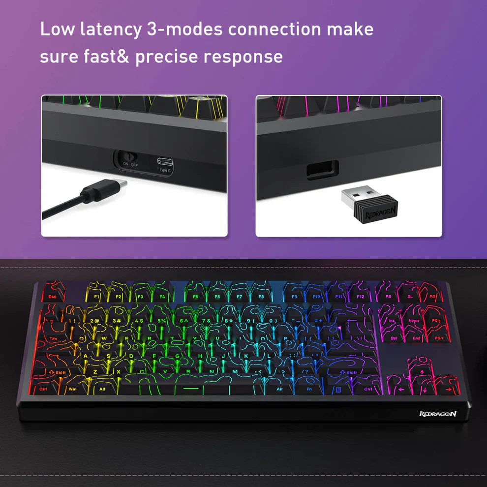 Klawiatura Redragon z kolorowymi podświetlanymi klawiszami. Pokazuje porty i klucz USB. Tekst: Niska latencja, połączenie 3 trybów.