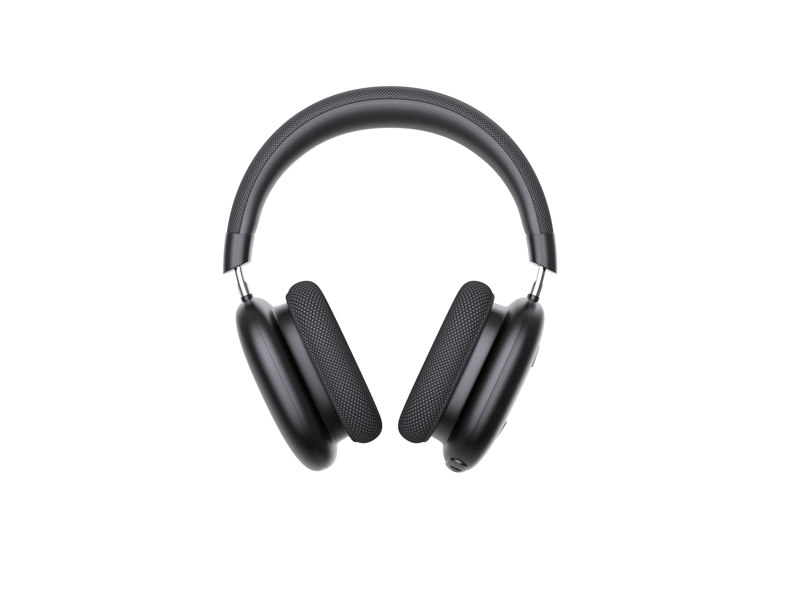 Schwarze Apple AirPods Max Kopfhörer auf schwarzem Hintergrund. Die Kopfhörer sind mittig platziert.
