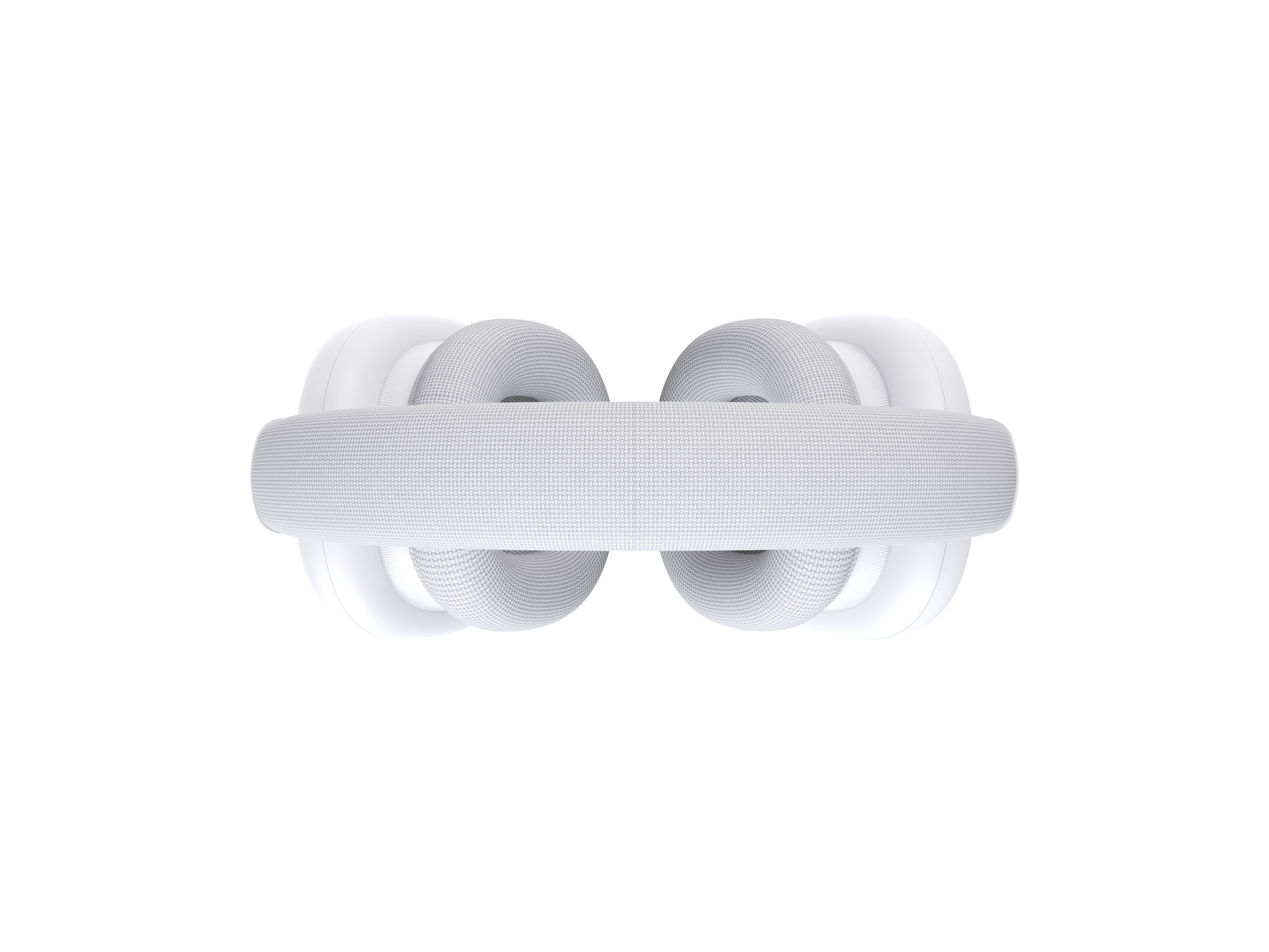 Weißes VR-Headset auf schwarzem Hintergrund. Es hat ein gebogenes Design mit gewebtem Stoff auf der Vorderseite.
