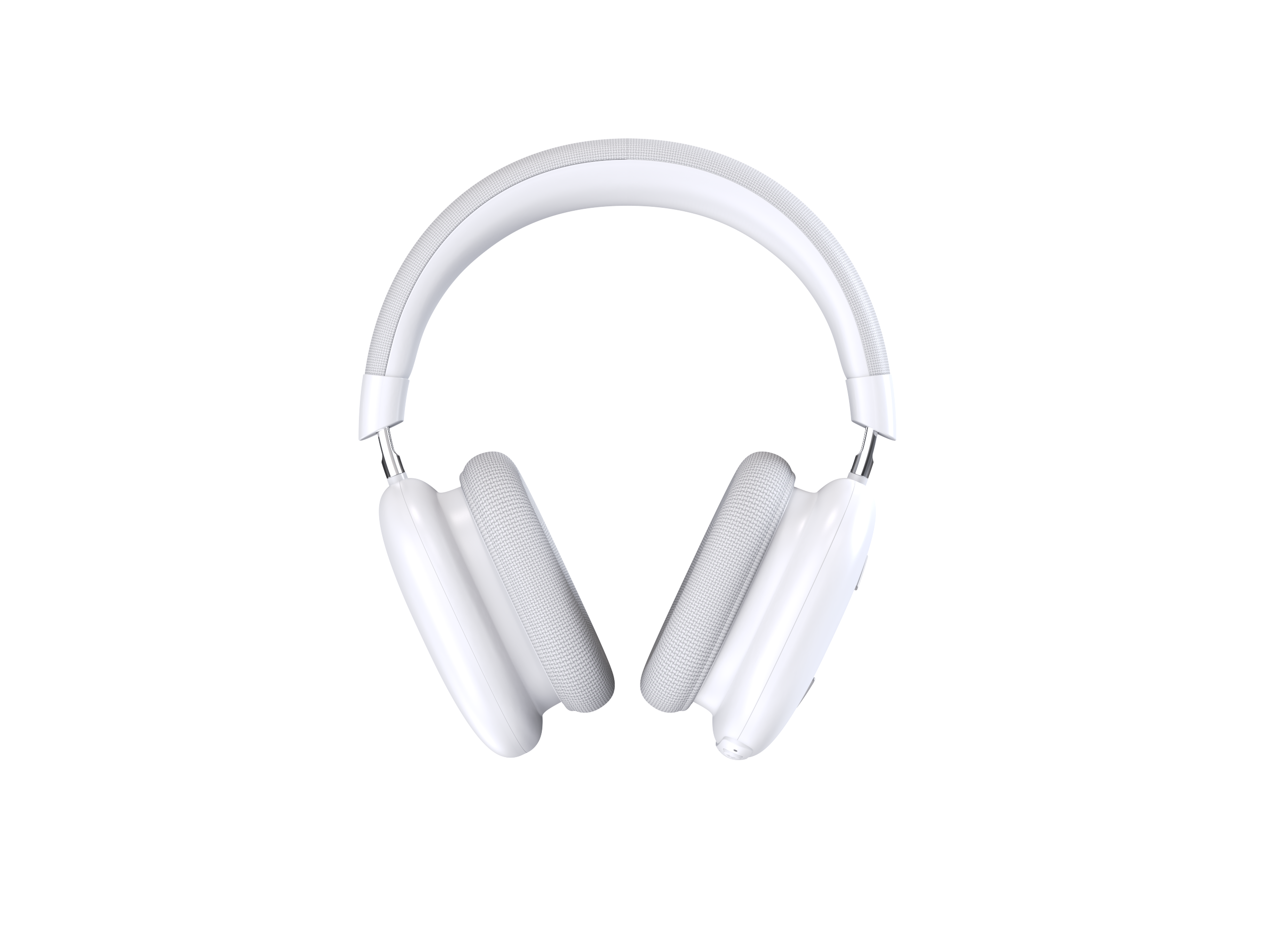 Weiße Over-Ear-Kopfhörer auf schwarzem Hintergrund. Die Kopfhörer haben ein weißes Band und Ohrmuscheln.