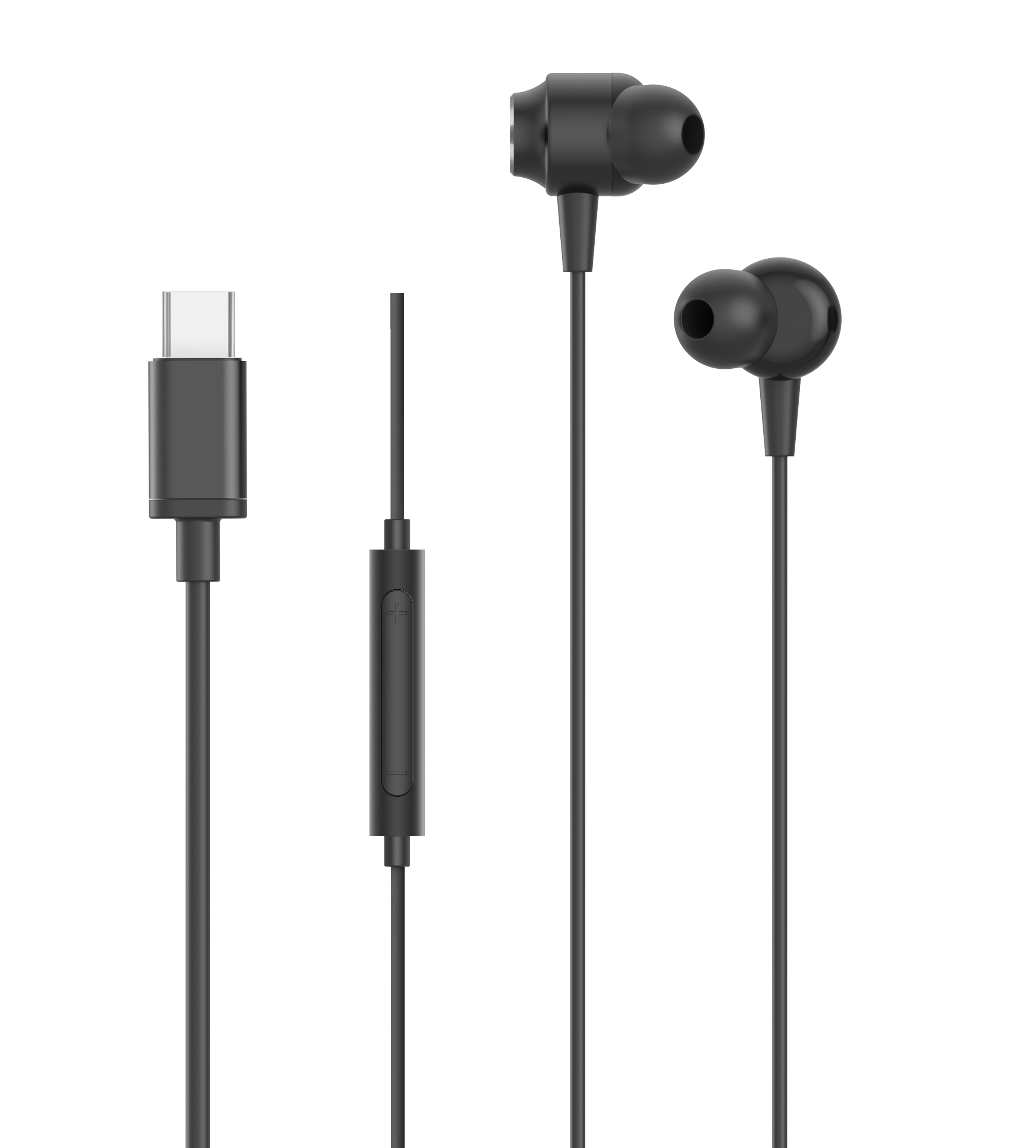 Schwarze Ohrhörer mit USB-C-Kabel und Steuermodul, vor schwarzem Hintergrund.
