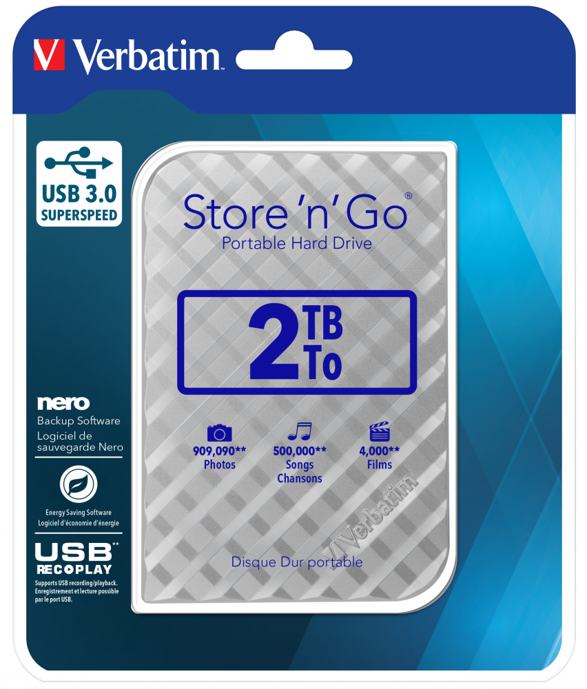 Verbatim Store 'n' Go 2 TB taşınabilir sabit disk. Özellikler: USB 3.0, yedekleme yazılımı ve enerji tasarrufu teknolojisi.