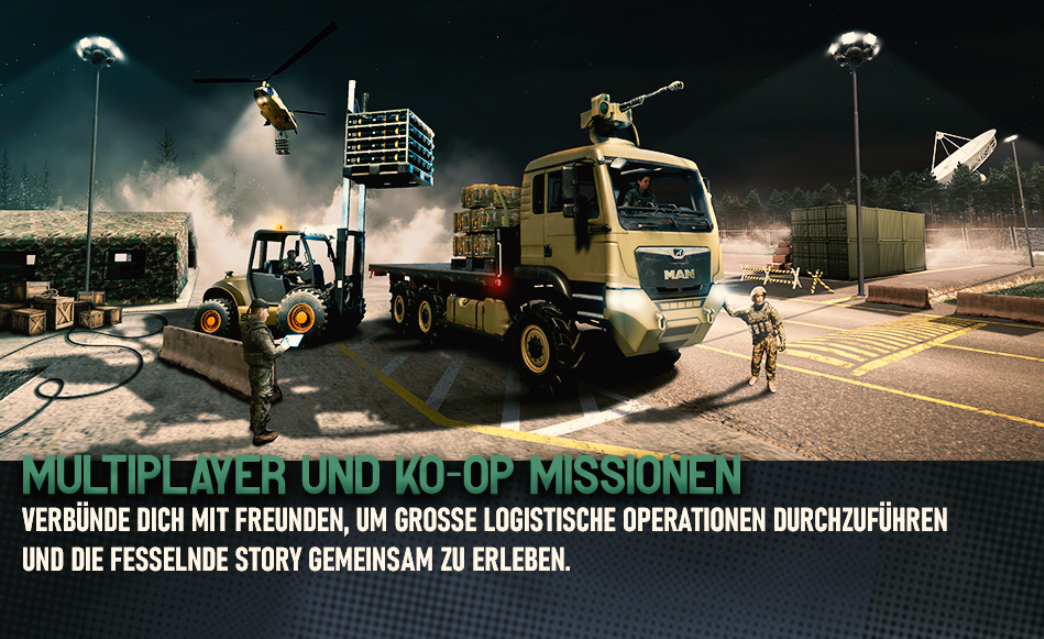 Militärszene mit MAN-LKW, Gabelstapler, Hubschrauber und Soldaten. Nachtszene mit Fracht und Scheinwerfern.