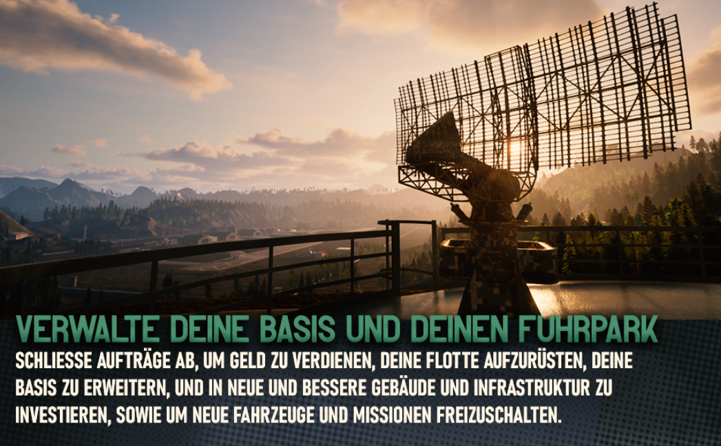 Ein Radarturm überblickt eine Landschaft aus Bergen und Wäldern. Text unten wirbt für Basismanagement und Flottenerweiterung.