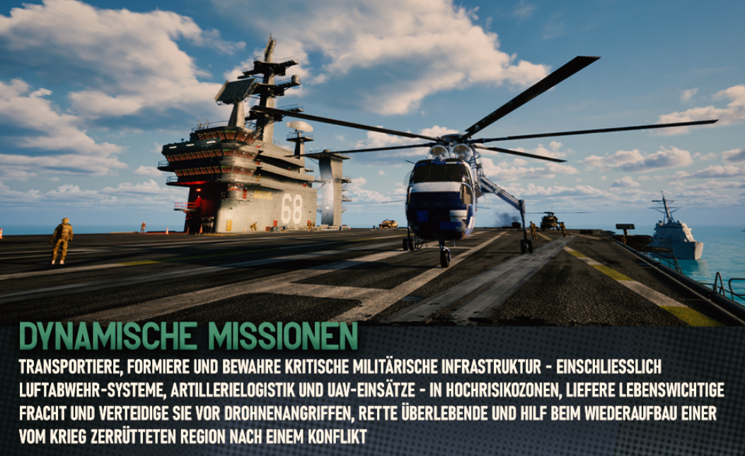 Ein Hubschrauber landet auf einem Träger. Eine Person in Uniform steht auf dem Deck. Ein Kriegsschiff ist in der Ferne.