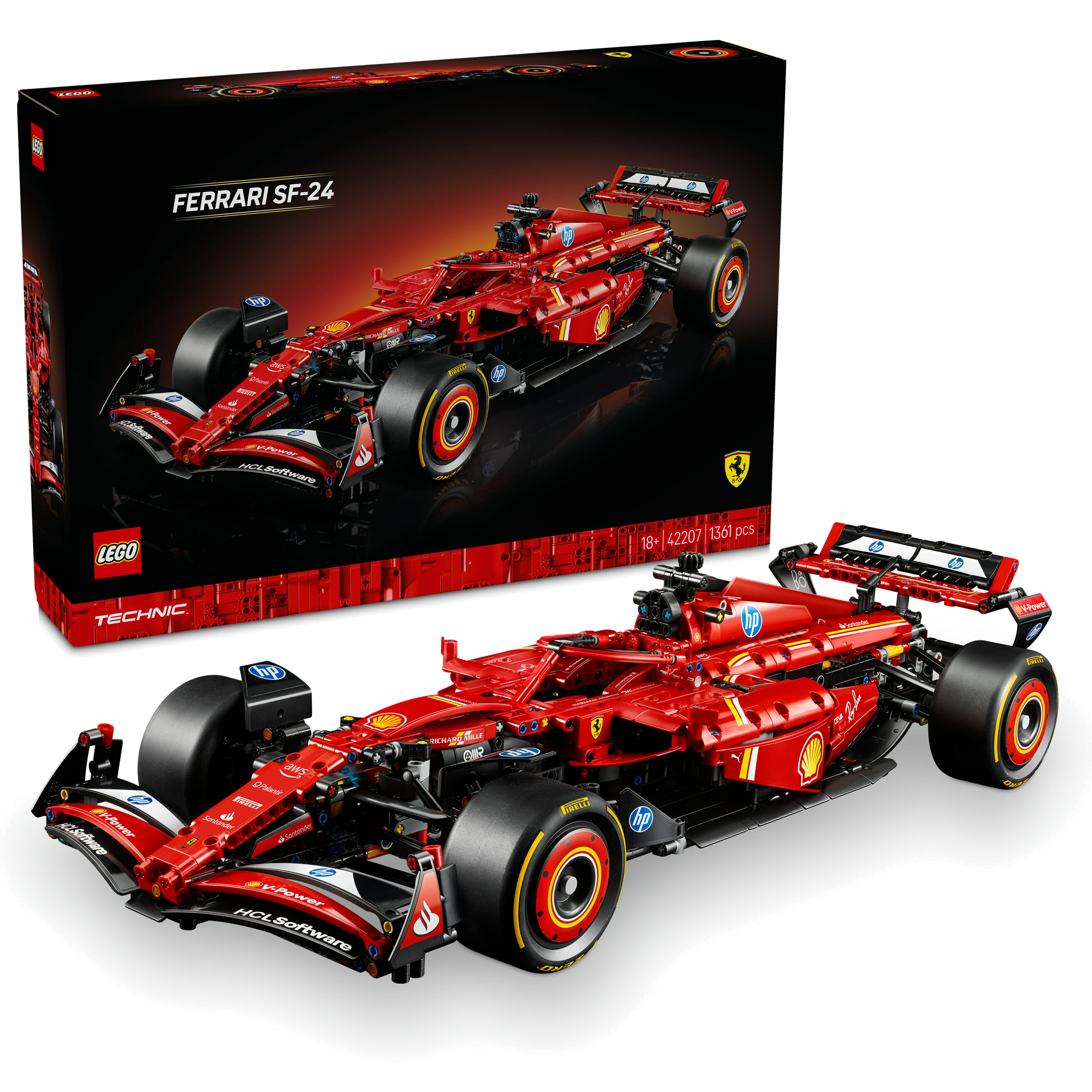 Model Lego Technic Ferrari SF-24 jest wyświetlany ze swoim pudełkiem. Model jest czerwony z czarnymi kołami. Jest na czarnym tle.