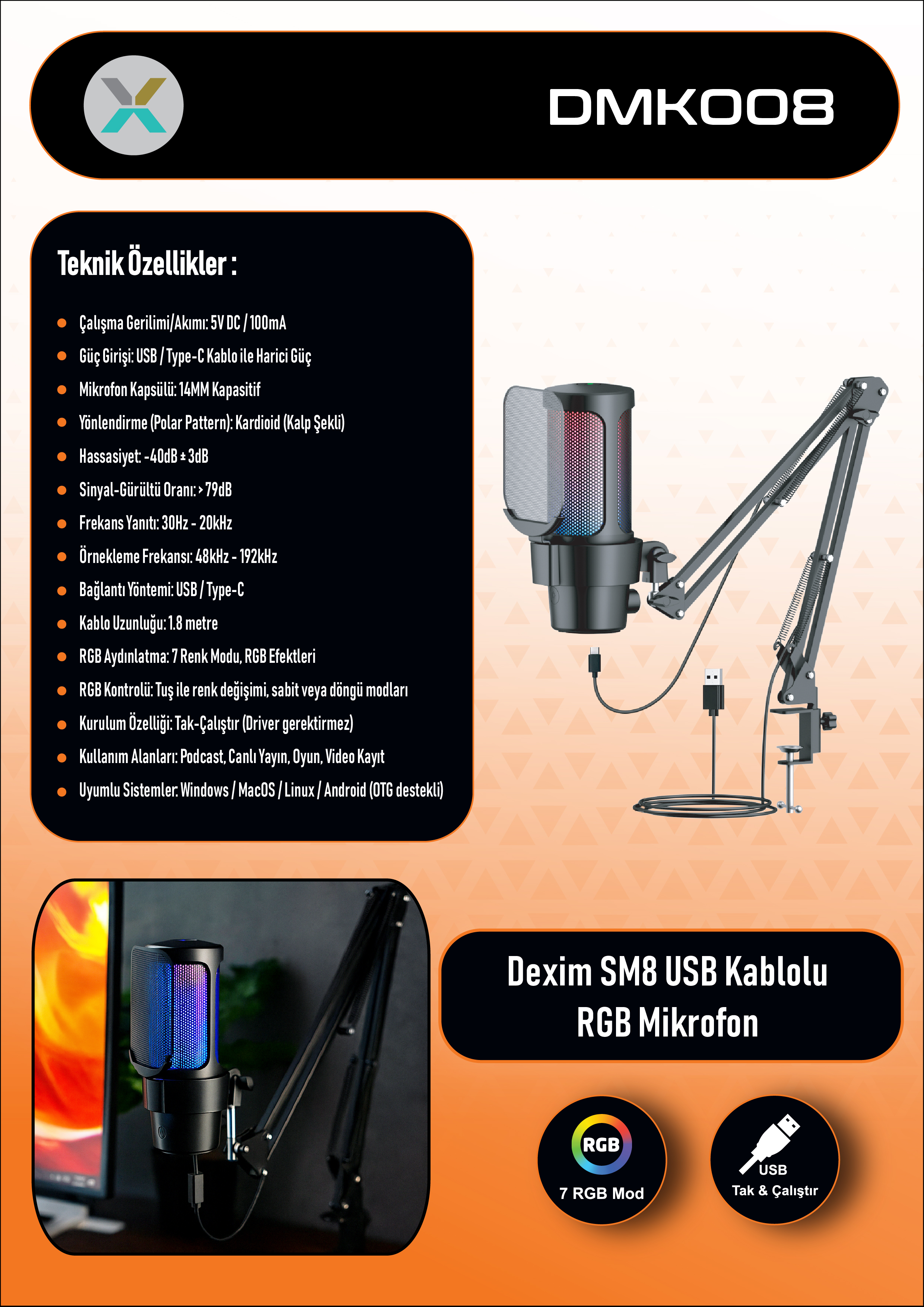 RGB ışıklı siyah bir mikrofon, bir stand üzerinde. Sol tarafta özellikler listeleniyor. "Dexim SM8" metni.
