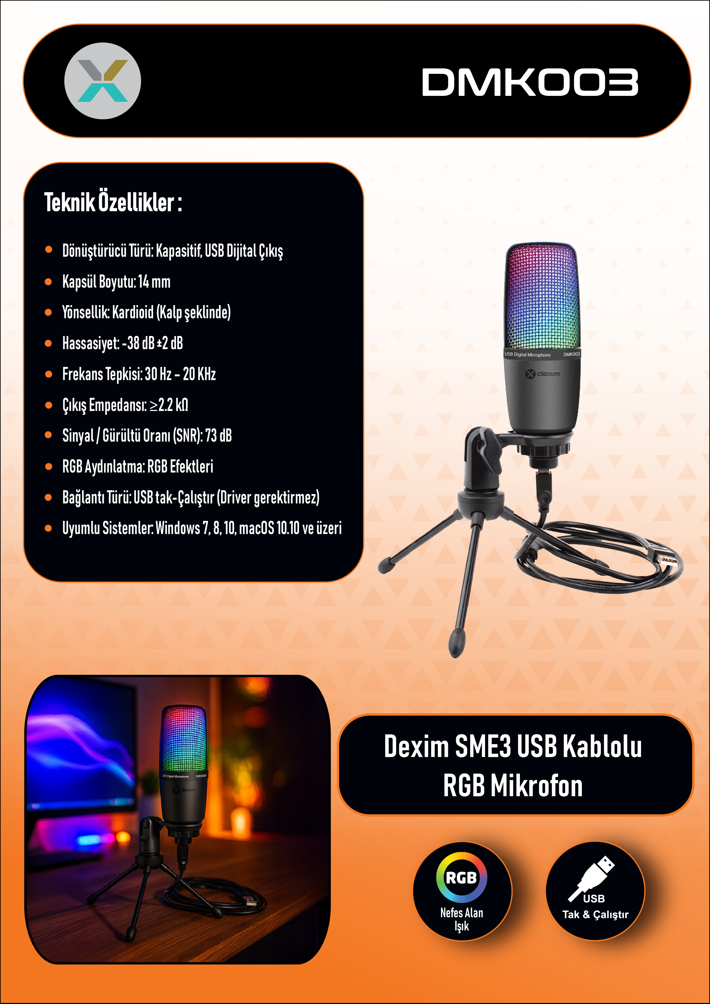 RGB ışıklı siyah bir mikrofon bir tripod üzerinde duruyor. Metin, özellikleri ve ayrıntıları belirtiyor.
