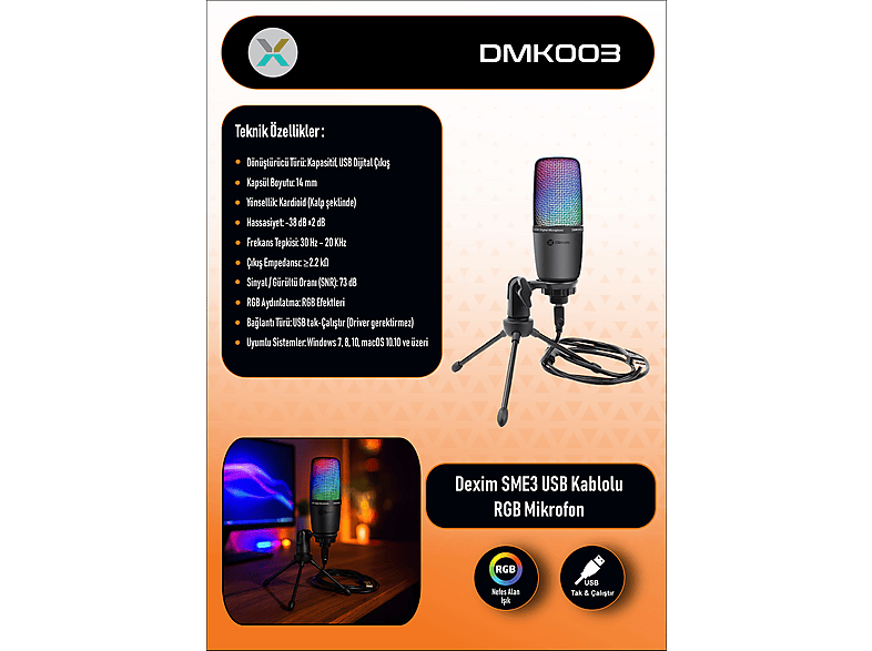 DEXIM DMK003 RGB Tripodlu PC/PS5 Uyumlu Oyuncu ve Yayıncı