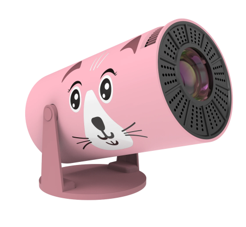 Różowy projektor w kształcie kota. Ma okrągły korpus z cechami kota i stoi na podstawie. Obiektyw jest czarny z kratką.