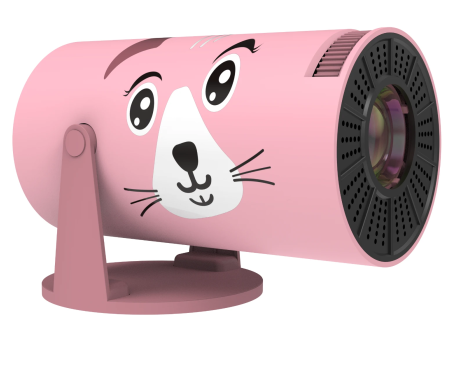 Różowy projektor z twarzą kota z kreskówki. Ma cylindryczny korpus, czarną soczewkę i podstawkę.