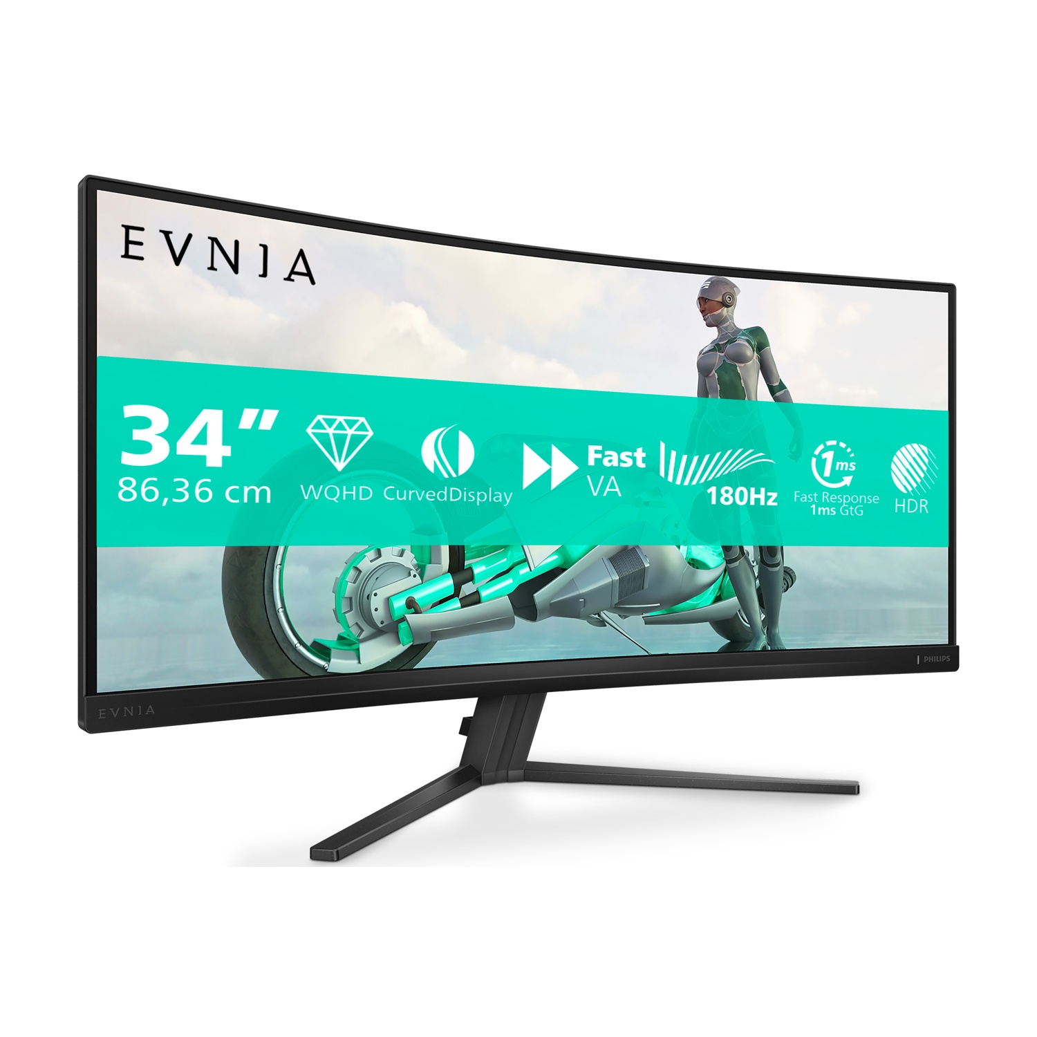 Un monitor EVNIA curvo. Mostra una scena futuristica con una persona e una moto. Specifiche: 34", 180Hz e HDR.