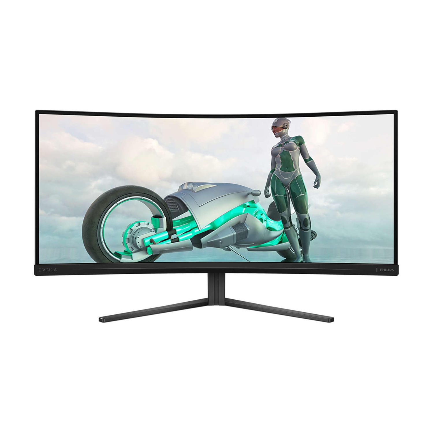 Un monitor curvo mostra un'immagine futuristica di una donna e una moto. La donna indossa un abito verde e grigio.