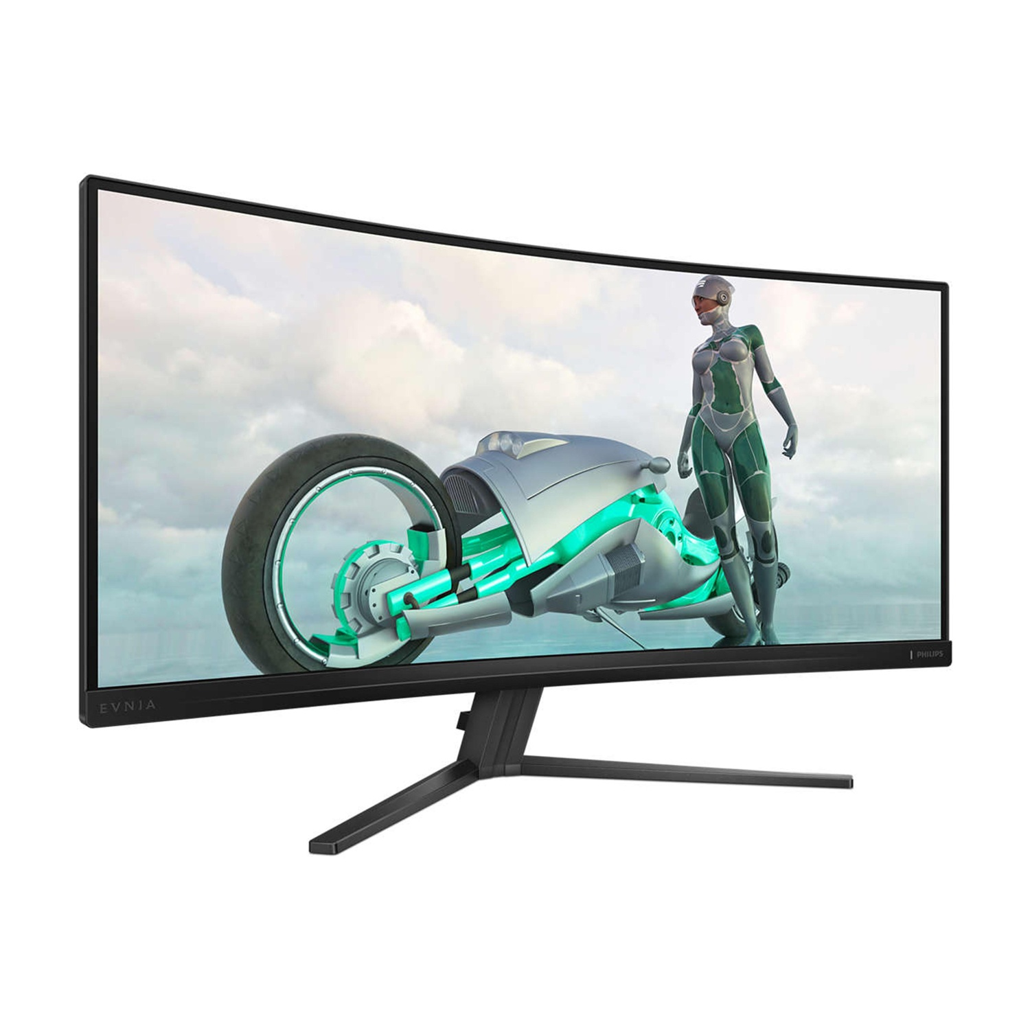 Il monitor curvo mostra una scena futuristica: una persona in tuta accanto a una moto futuristica contro un cielo nuvoloso.