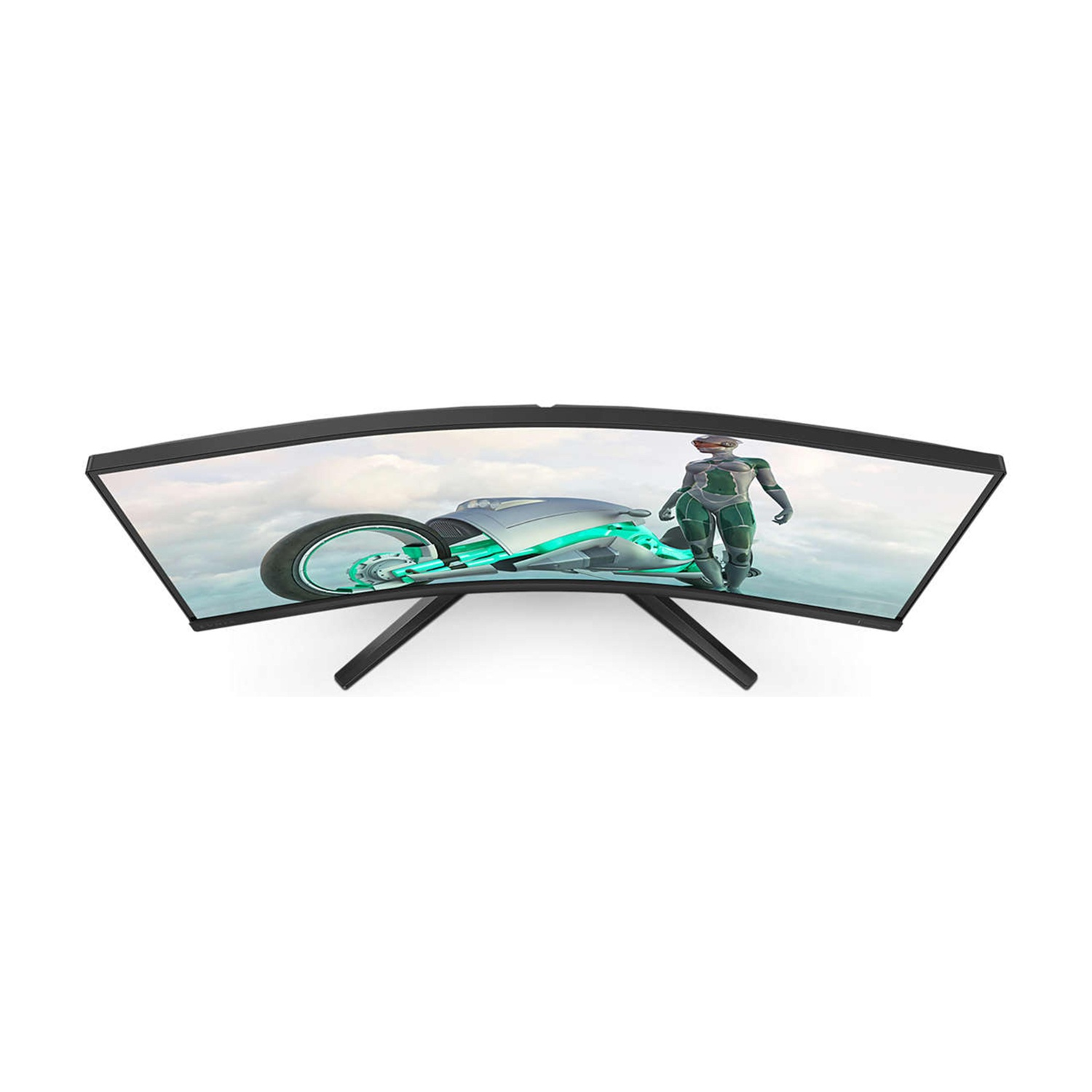Un monitor curvo mostra una moto futuristica e una figura in verde e argento contro un cielo nuvoloso.