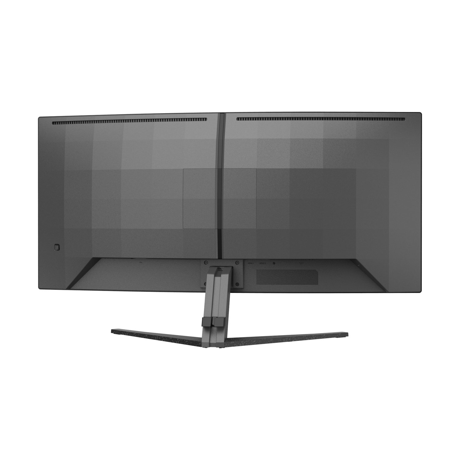 La parte posteriore di un monitor del computer nero è mostrata. Ha porte, un supporto e un motivo a griglia sulla superficie.