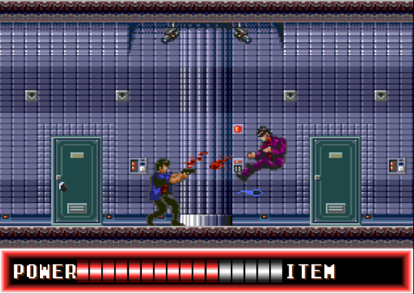 Eine pixelige Videospielszenen. Ein Mann in Blau schießt auf einen Mann in Lila in der Luft. Blut spritzt. Türen und eine Energieleiste sind sichtbar.