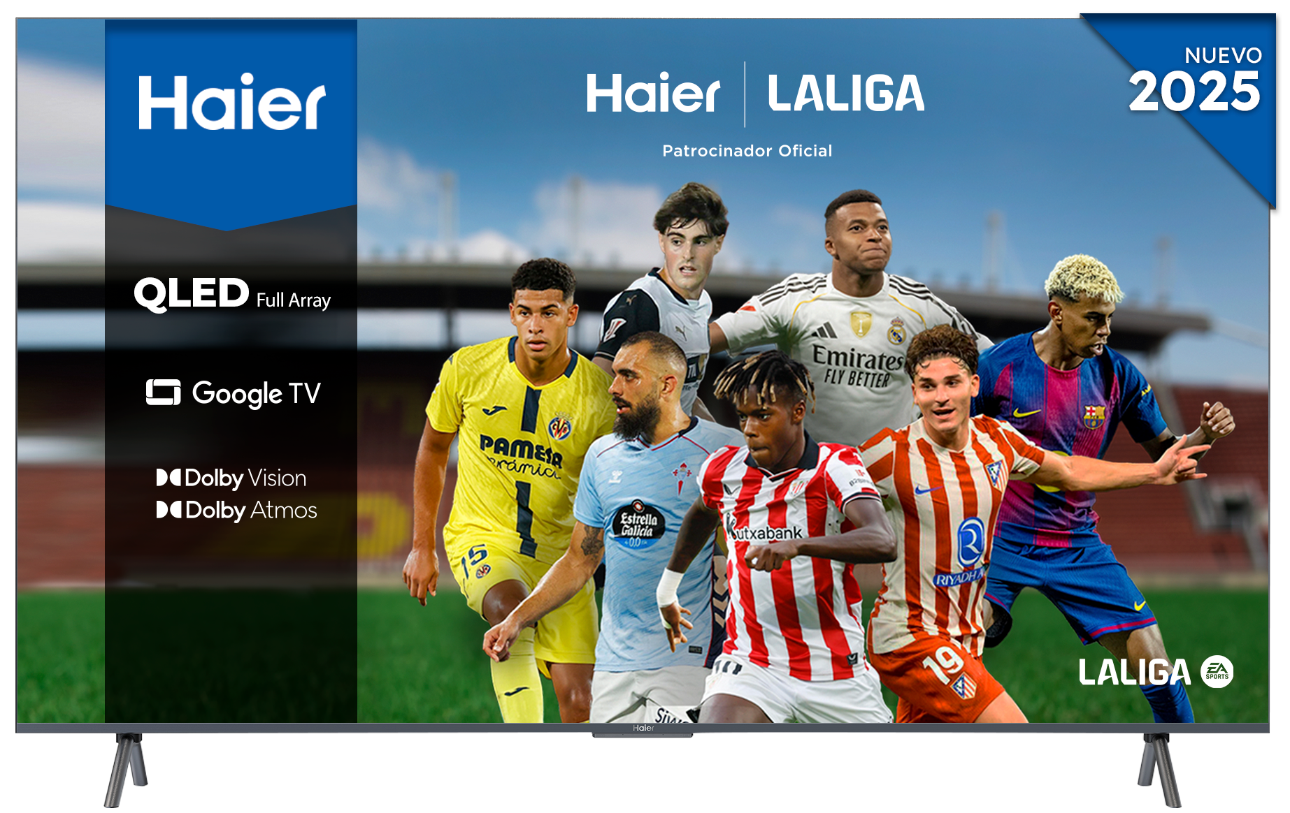 TV Haier muestra futbolistas con camisetas de equipos. Logos incluyen La Liga, Emirates y Google TV. La pantalla dice 'Nuevo 2025'.