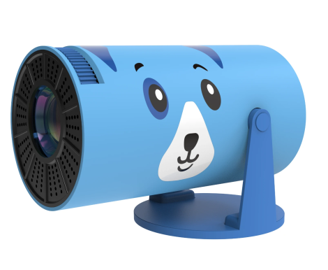 Niebieski projektor w kształcie postaci z kreskówki. Ma obiektyw, podstawę i twarz z oczami i uśmiechem.