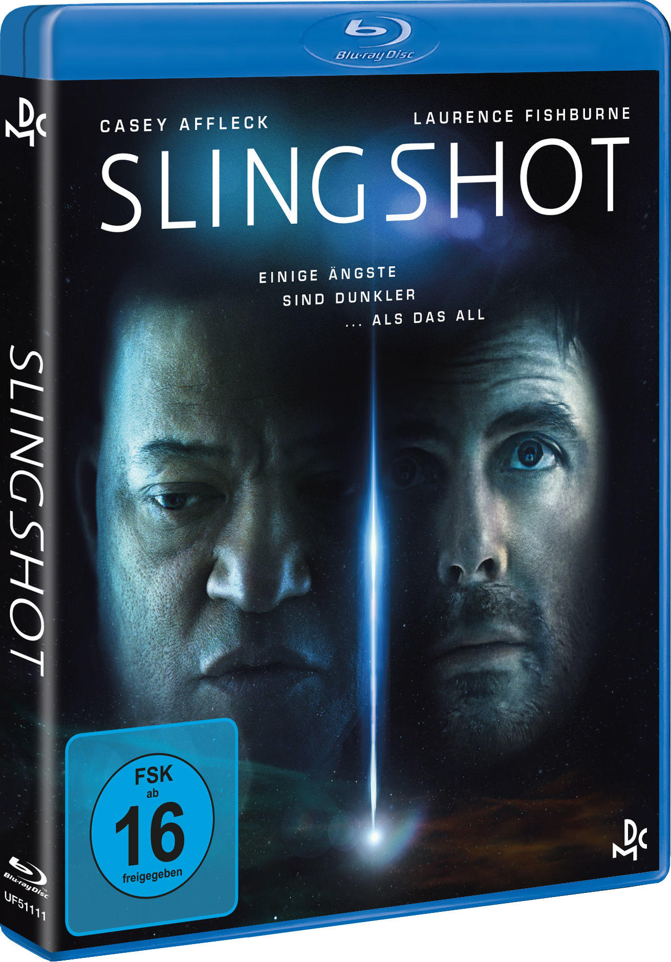 Blu-ray-Cover von 'Slingshot' mit Casey Affleck und Laurence Fishburne. Dunkles Thema, blaue Akzente, FSK 16.