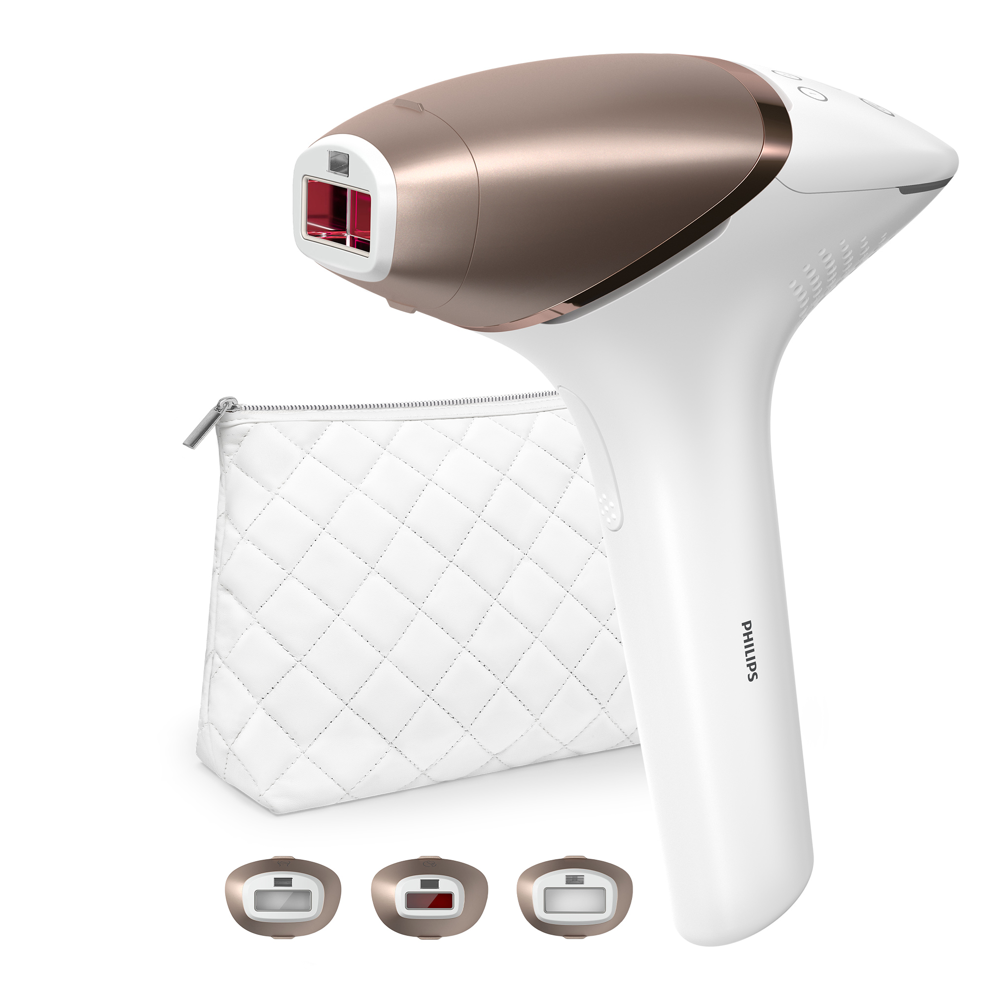 A white and rose gold Philips hair removal device, a white quilted pouch, and 3 heads. The device has a red light.
