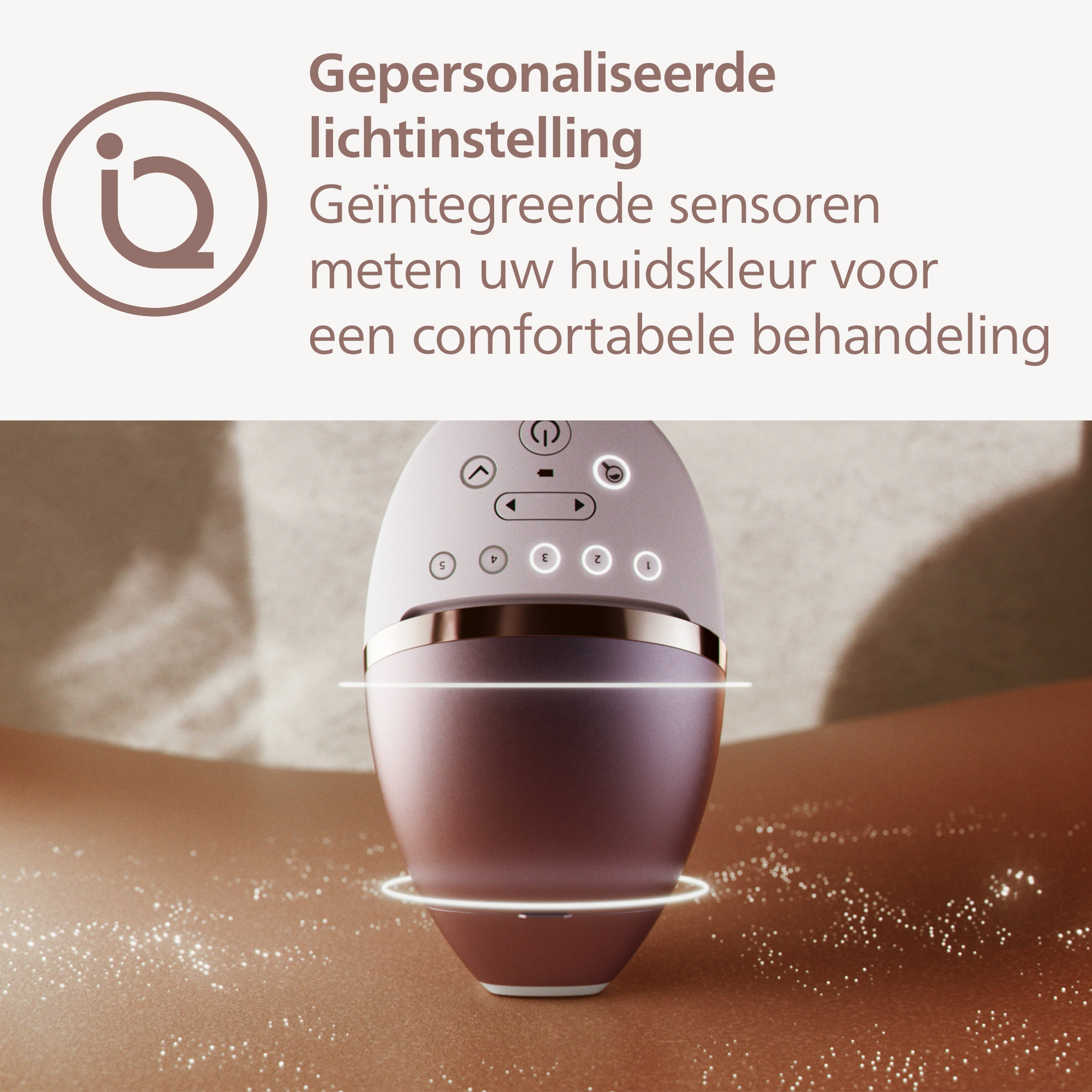 An epilator on skin, glowing light. It has buttons and displays the numbers. The background is a soft beige.