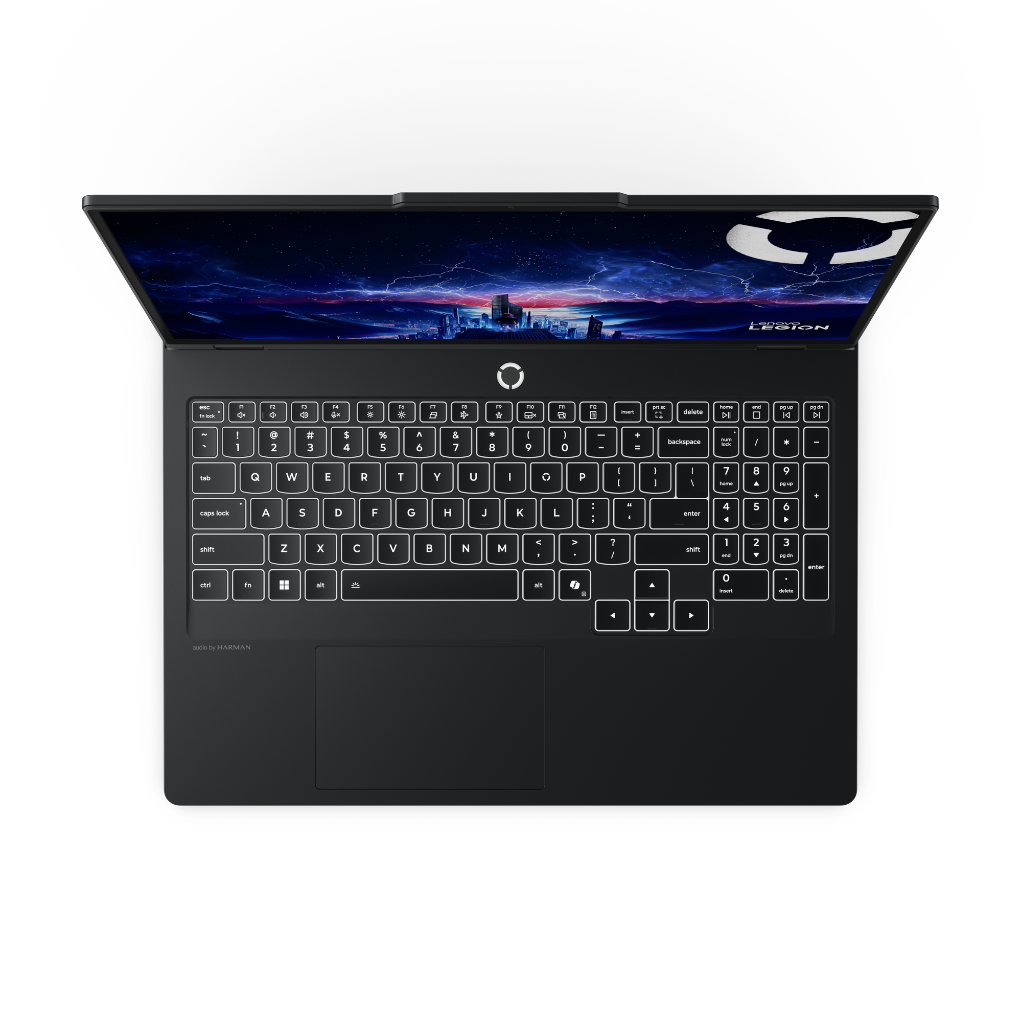 Schwarzer Laptop, geöffnet. Tastatur sichtbar, Bildschirm zeigt Stadt bei Nacht mit Blitzen. Lenovo Legion Logo sichtbar.