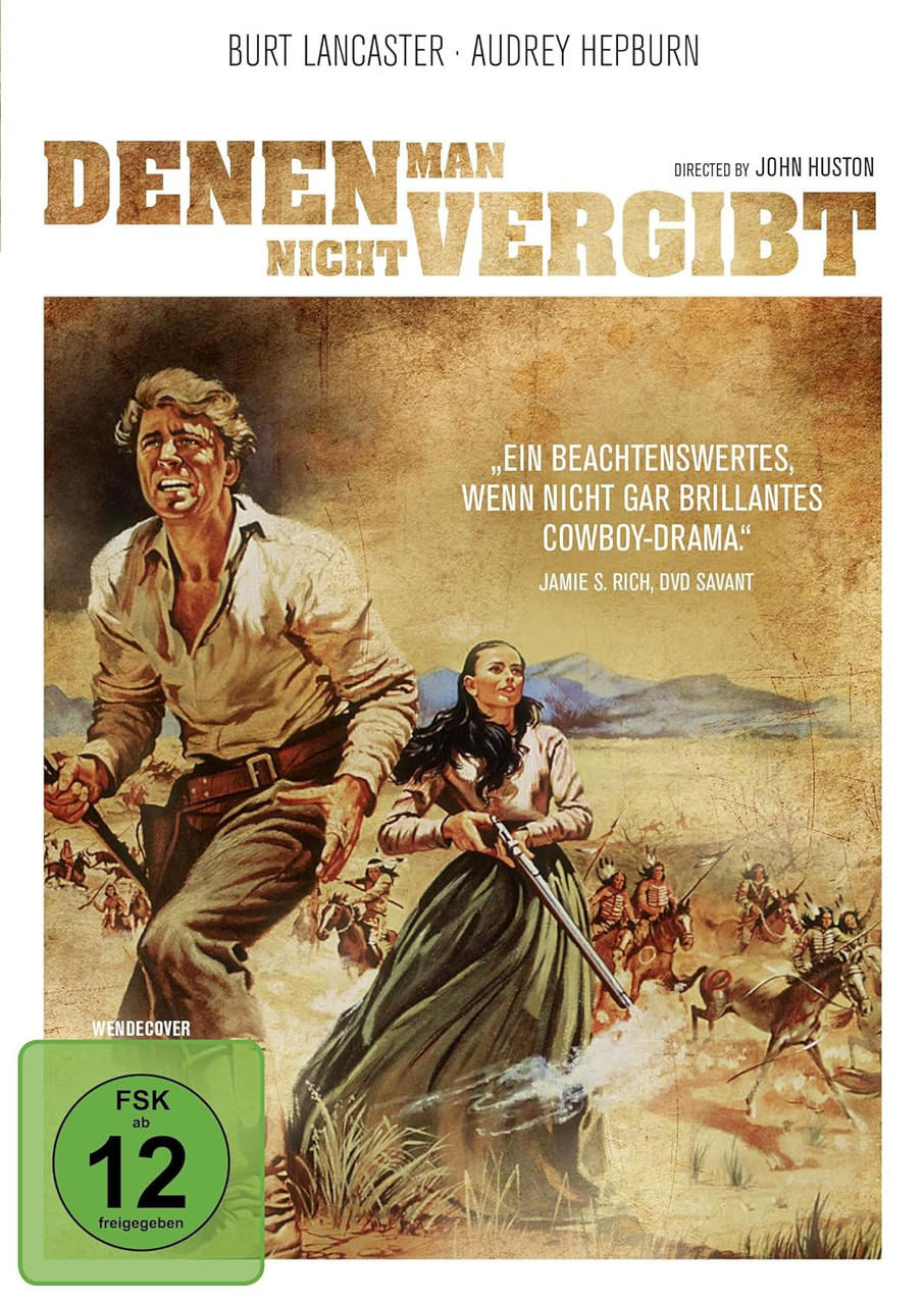 Filmposter. Burt Lancaster und Audrey Hepburn in einem Cowboy-Drama. Menschen auf Pferden im Hintergrund.