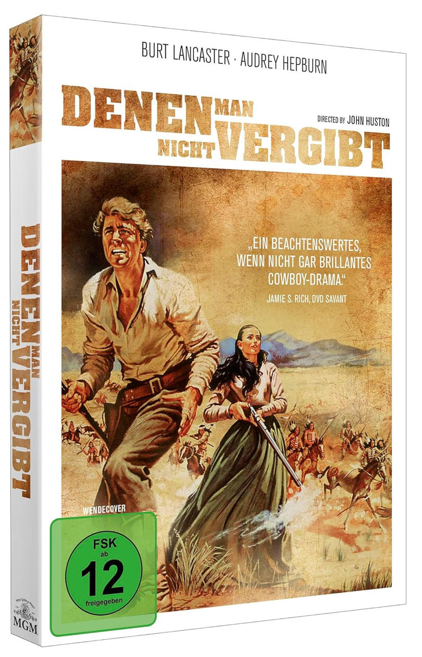 DVD-Cover: Burt Lancaster und Audrey Hepburn in einem Western. Mann und Frau im Vordergrund, Indianer auf Pferden im Hintergrund.