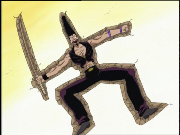 Anime-Figur durchbricht eine Steinbarriere und hält ein Steinschwert. Er trägt eine schwarze Hose, eine Weste und hat eine lange, schwarze Frisur.