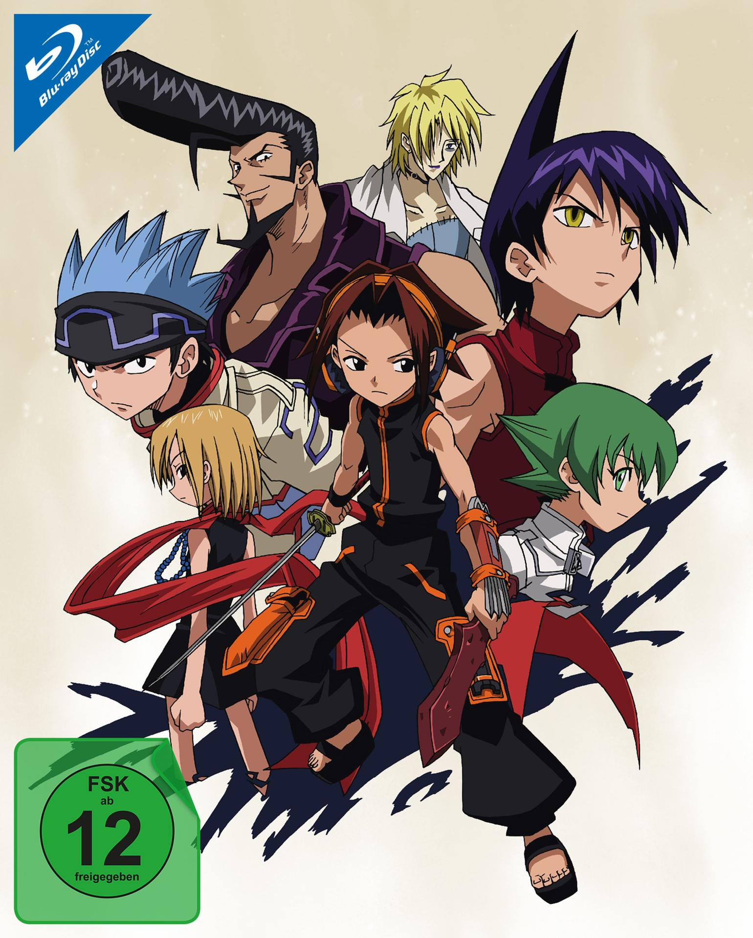 Anime-Cover zeigt mehrere Charaktere mit Schwertern. Blu-ray-Logo und Bewertungsetikett sind sichtbar. Charaktere sind in Action-Posen.