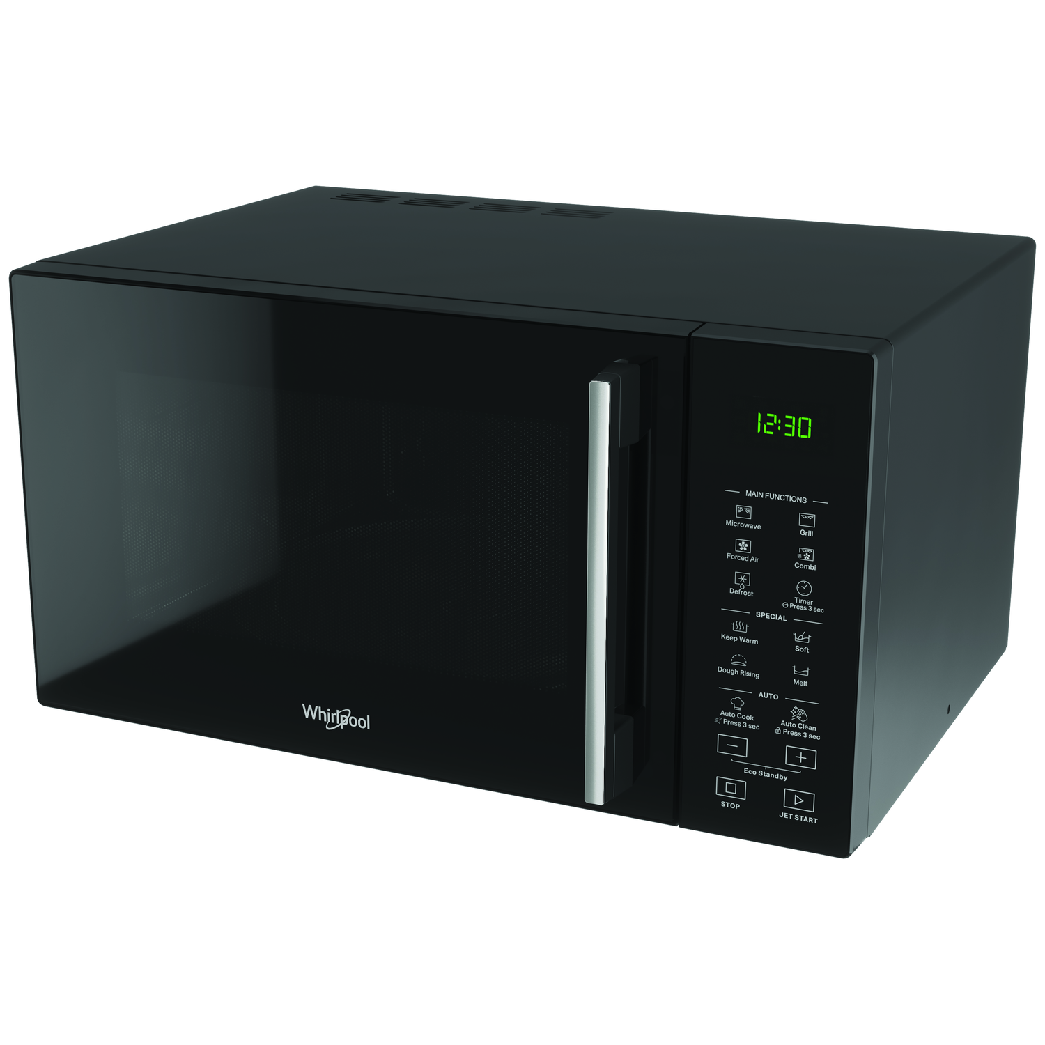 Een zwarte Whirlpool magnetron. Het heeft een digitale display met 12:30 en diverse functieknoppen.