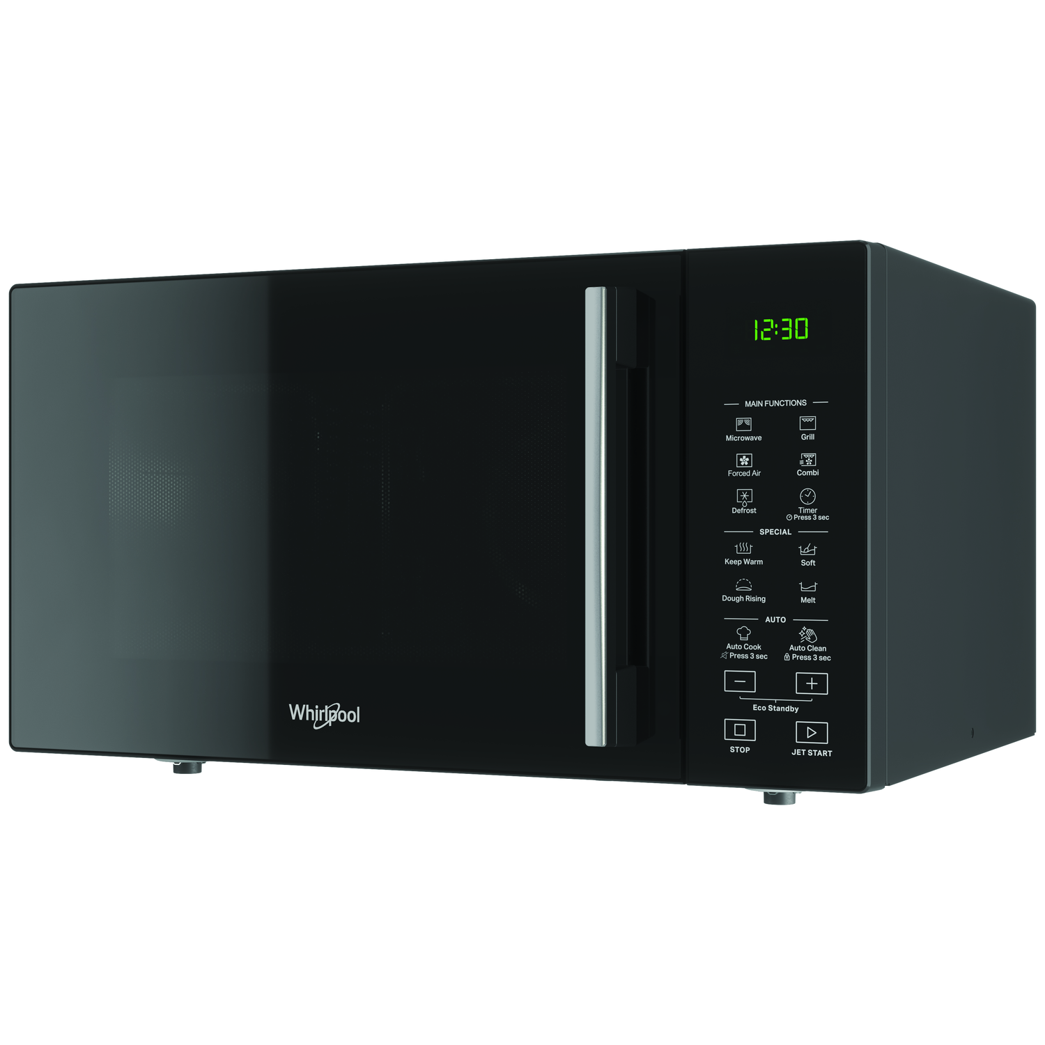 Een zwarte Whirlpool magnetron geeft 12:30 weer. Het heeft knoppen voor functies als ontdooien en automatisch koken. Een handvat zit links.