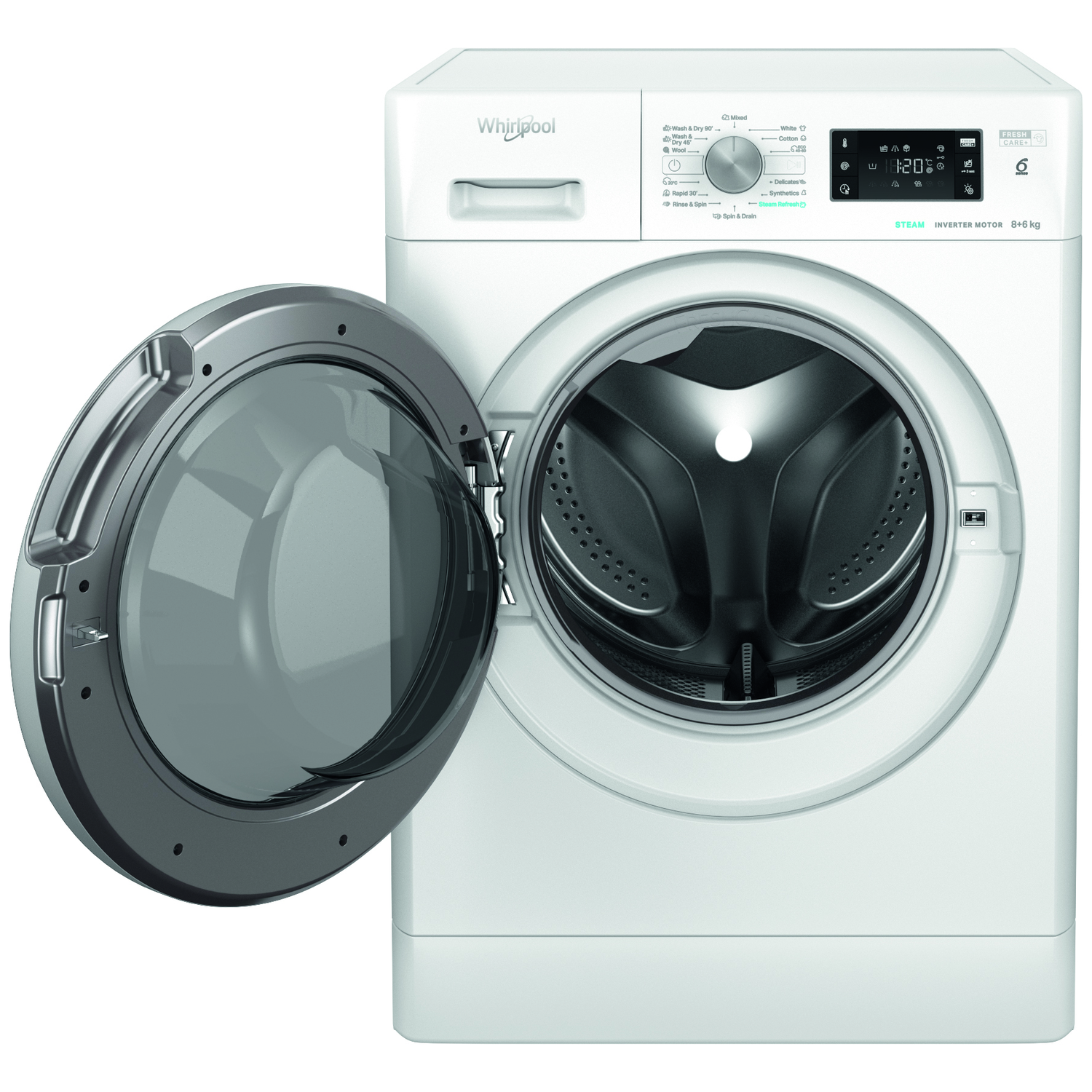 Een witte Whirlpool wasmachine met open deur. Bediening en display rechtsboven. Stoom- en Inverter Motor labels.