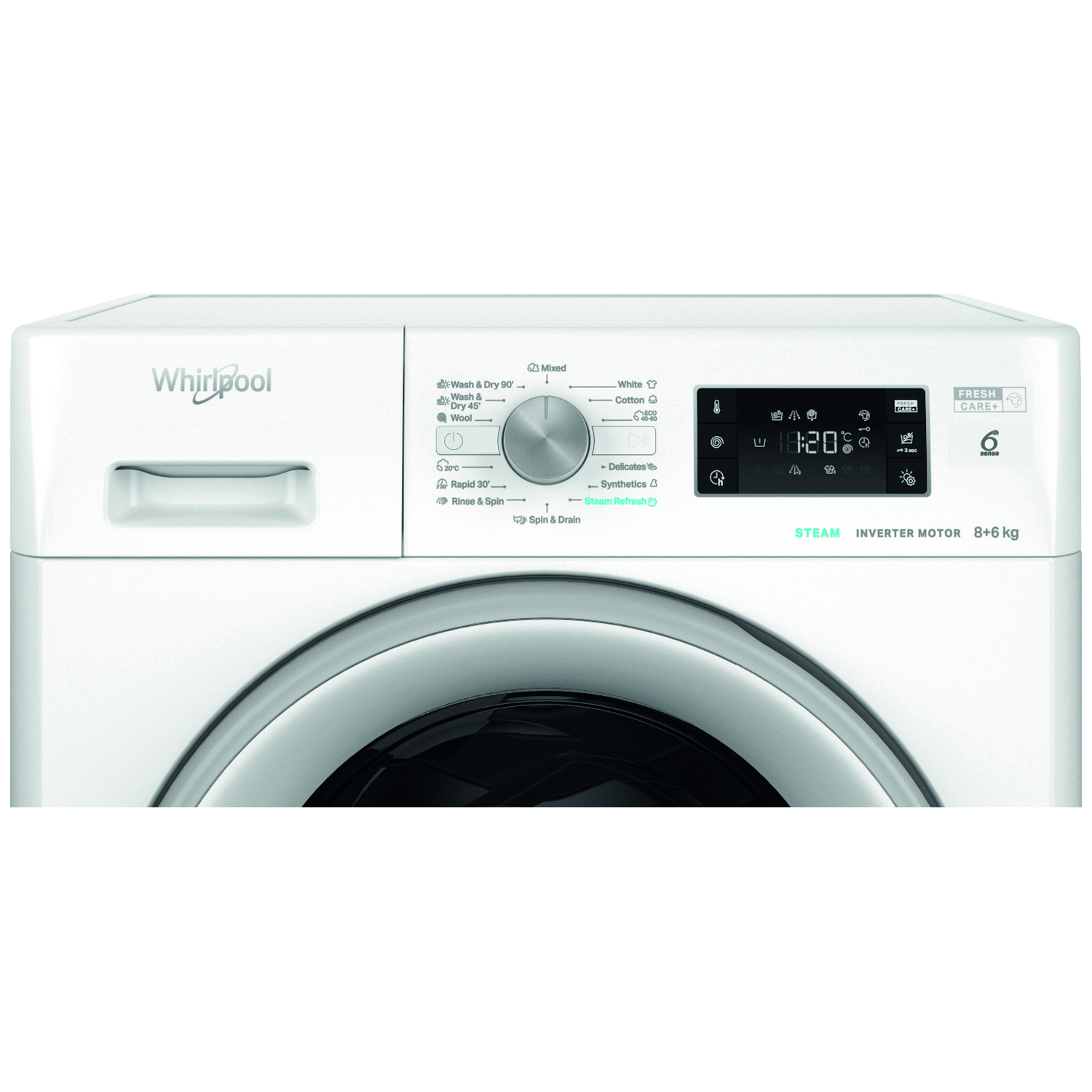 Een wit bedieningspaneel van een Whirlpool wasmachine. Het heeft een draaiknop, digitaal display en diverse programmaknoppen.