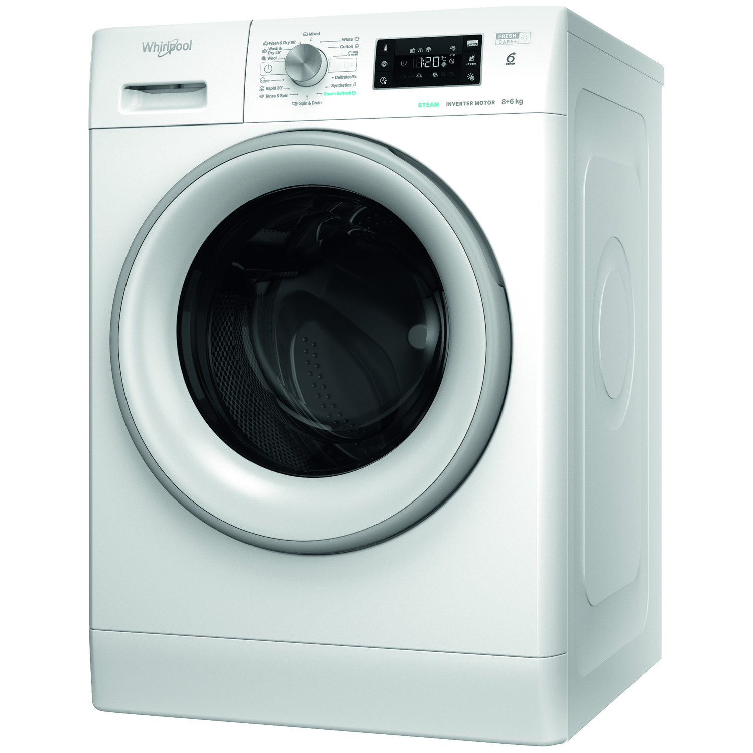 Een witte Whirlpool wasmachine. Het heeft een ronde deur en een bedieningspaneel met instellingen en een digitaal display.