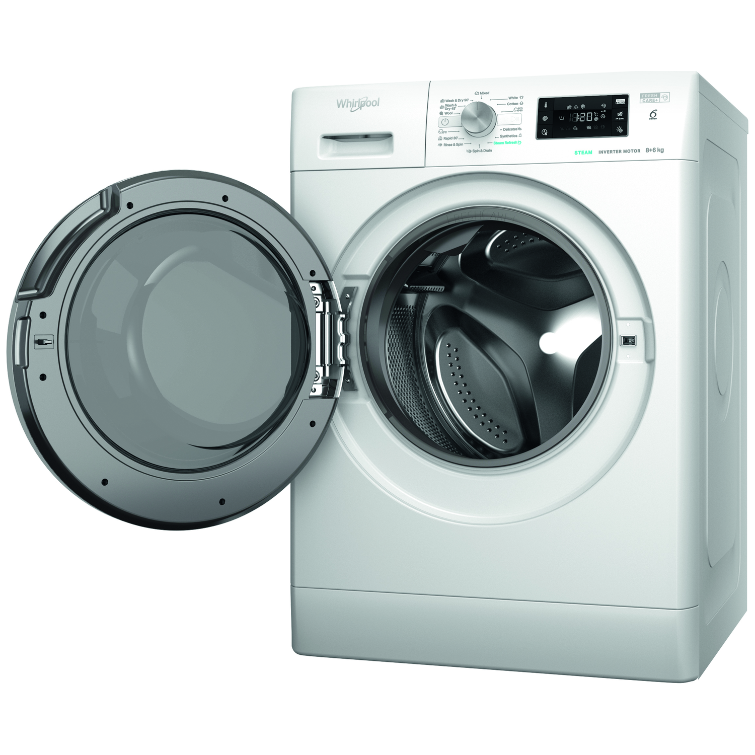 Een witte Whirlpool wasmachine met een open deur. Bediening en display zijn zichtbaar. De machine heeft een capaciteit van 8+6 kg.