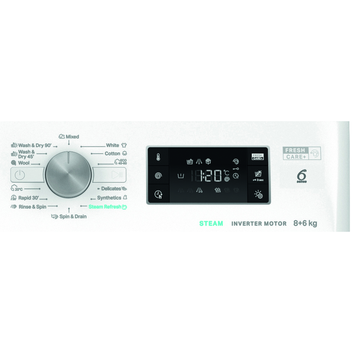 Wit bedieningspaneel van een wasmachine met draaiknop, digitaal display en knoppen. Labels zijn onder meer wasprogramma's, temperatuur en stoomopties.