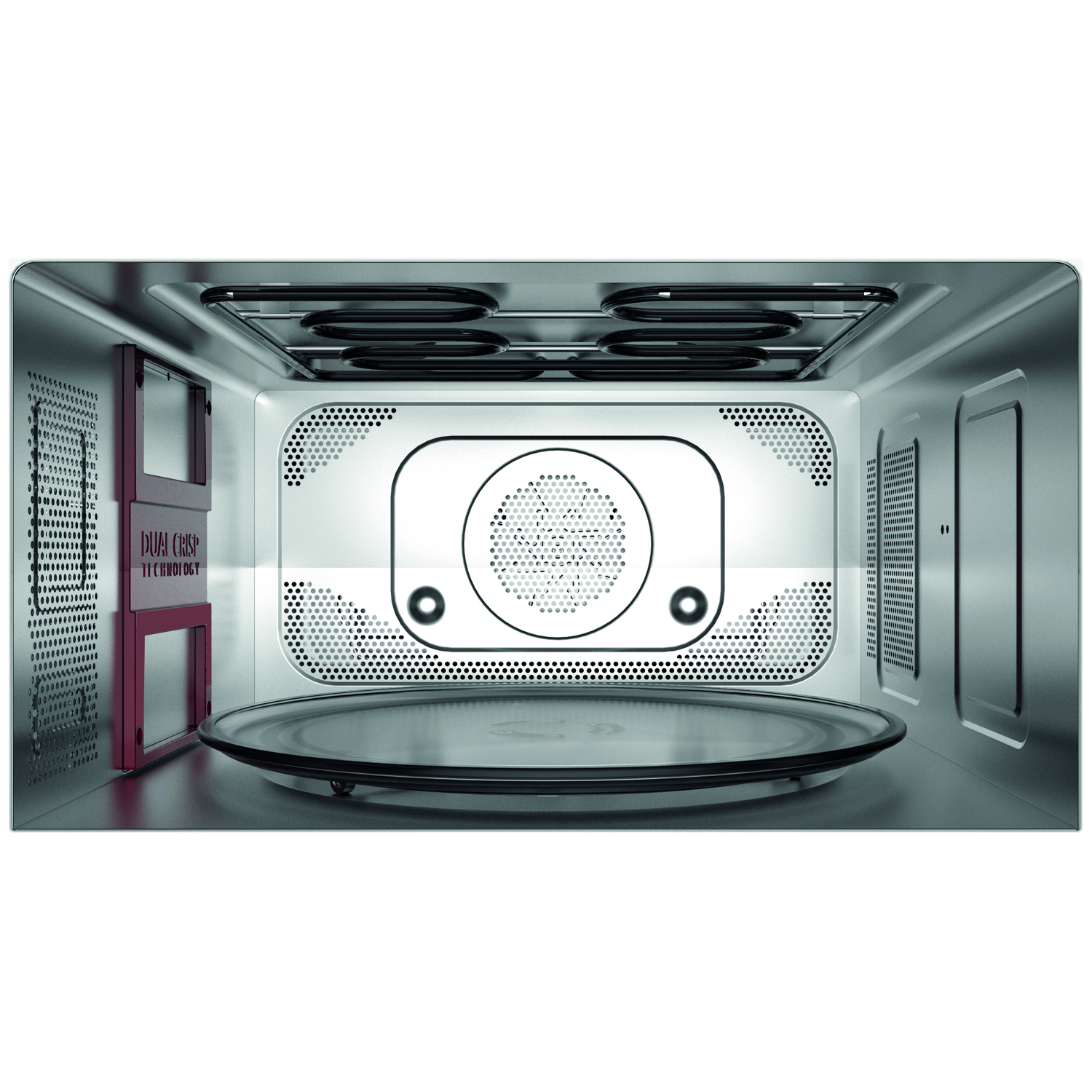 Binnenkant van een magnetron. Een glazen plaat in het midden. De oven heeft een metalen binnenkant met verwarmingselementen en ventilatie.