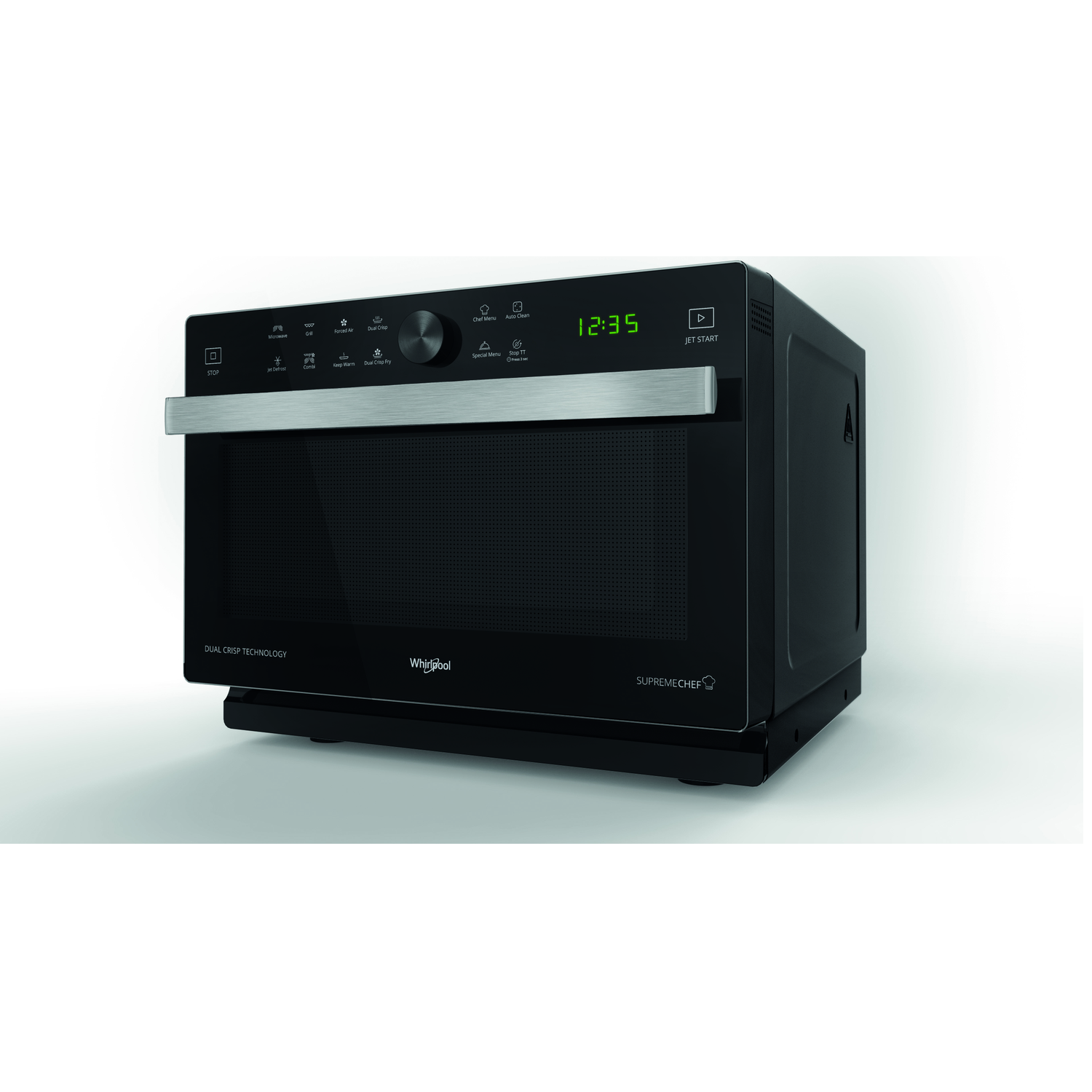 Een zwarte Whirlpool SupremeChef magnetron. Het heeft een digitale klok met 12:35 en diverse functieknoppen.