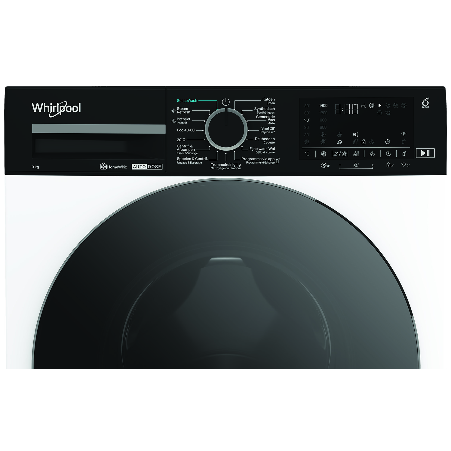 A Whirlpool washing machine control panel. Features include program selector, digital display, and various wash cycle options.