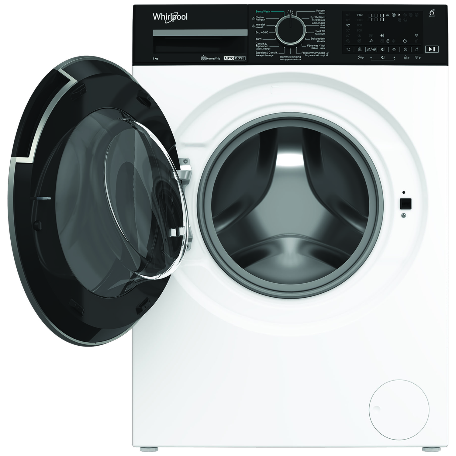 A white Whirlpool washing machine with an open black door. Controls are on top. A dial and buttons are visible.