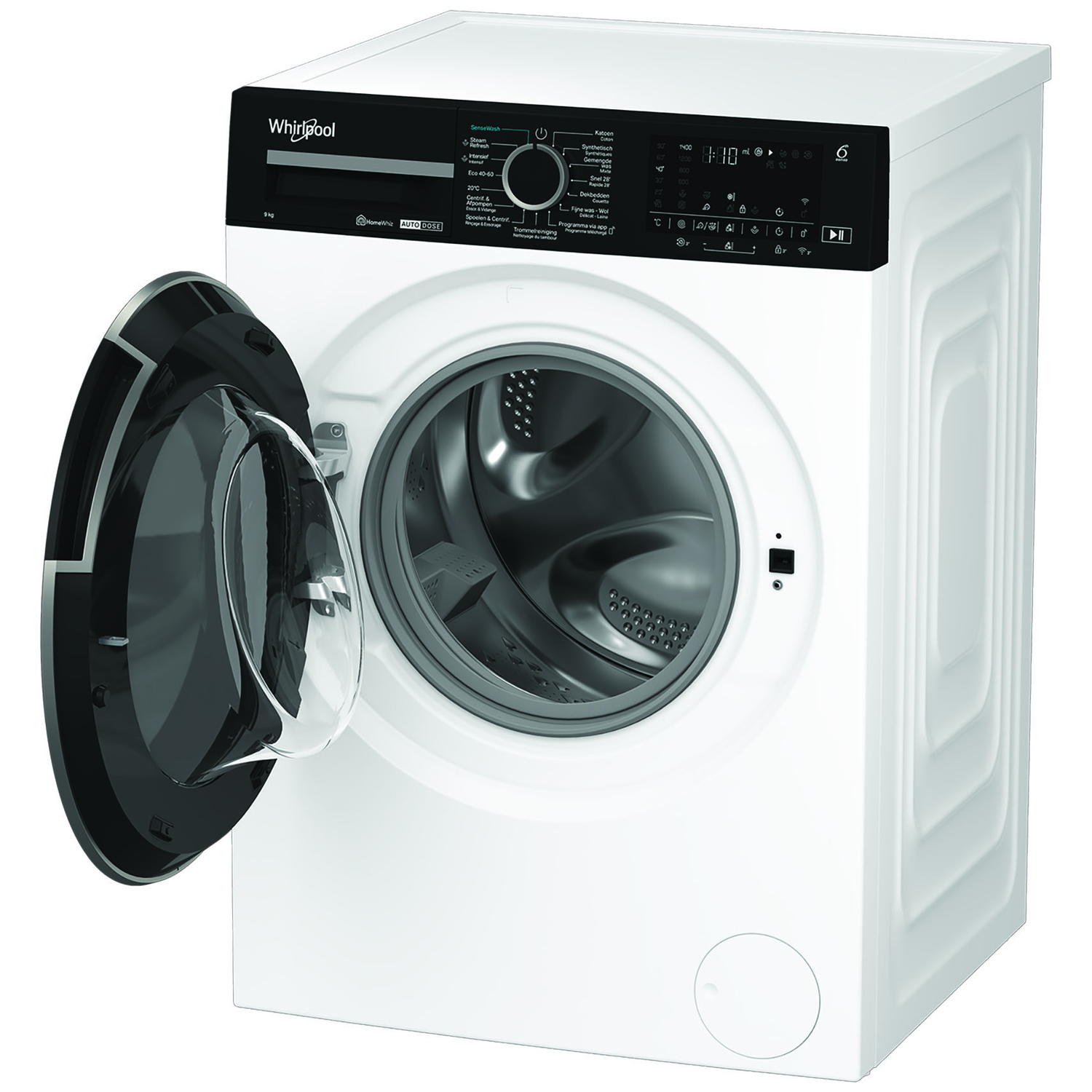 A white Whirlpool washing machine with an open black door. The control panel is black. There's text and buttons on it.